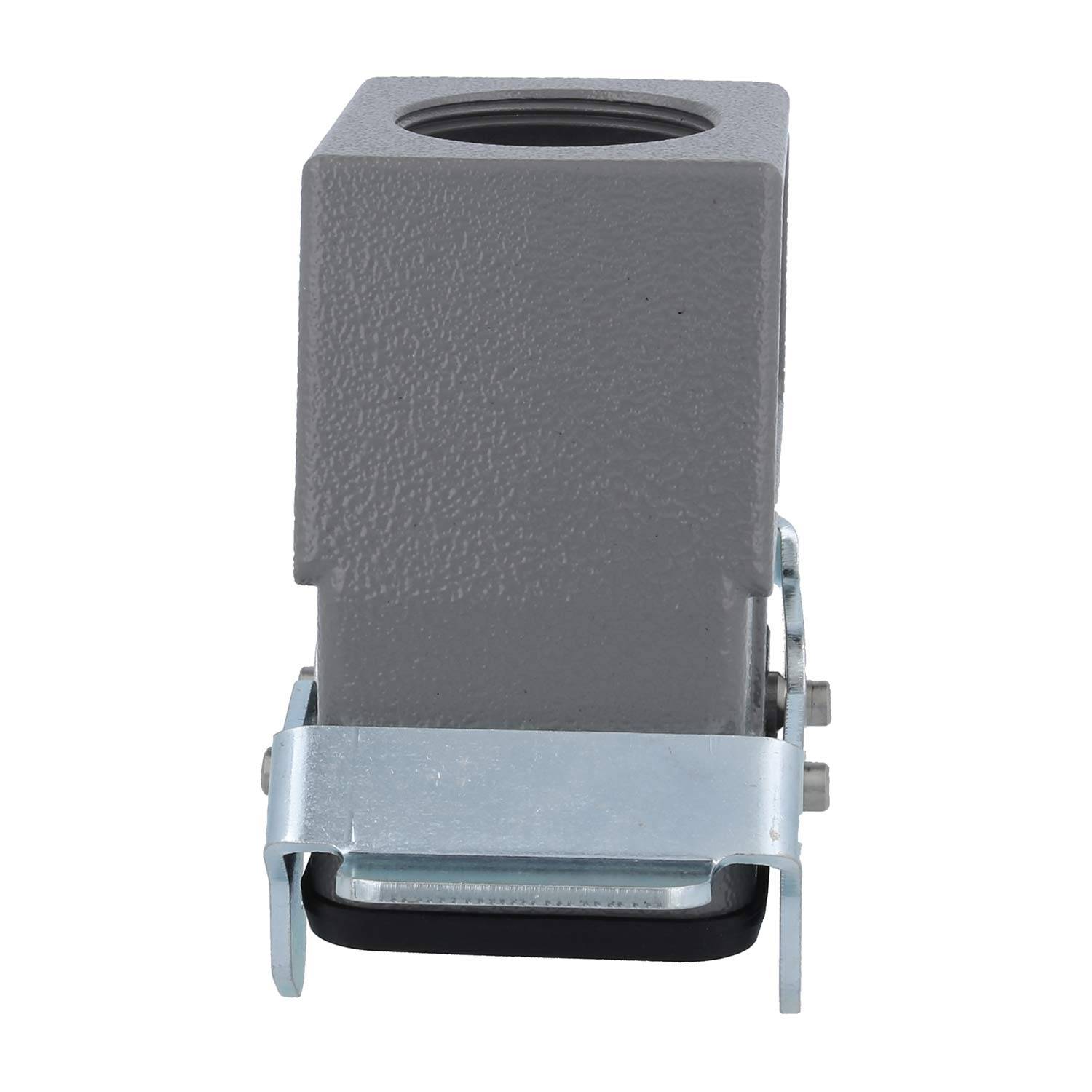 Rechteckiges graues industrielles Anschlussgehäuse mit einem Metallverschluss, konzipiert für sichere elektrische Verbindungen.