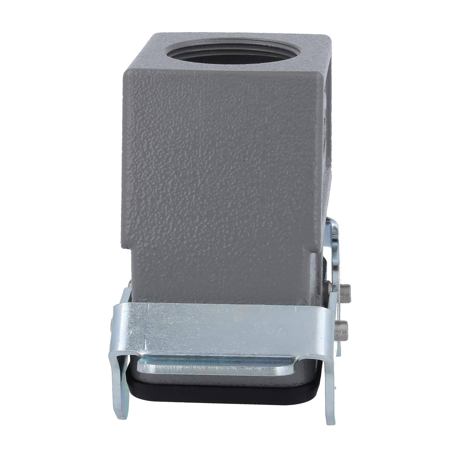 Ein rechteckiger, strukturierter grauer Block mit einem Metallhalterung an der Basis, wahrscheinlich zum Befestigen oder Montieren von Komponenten verwendet.