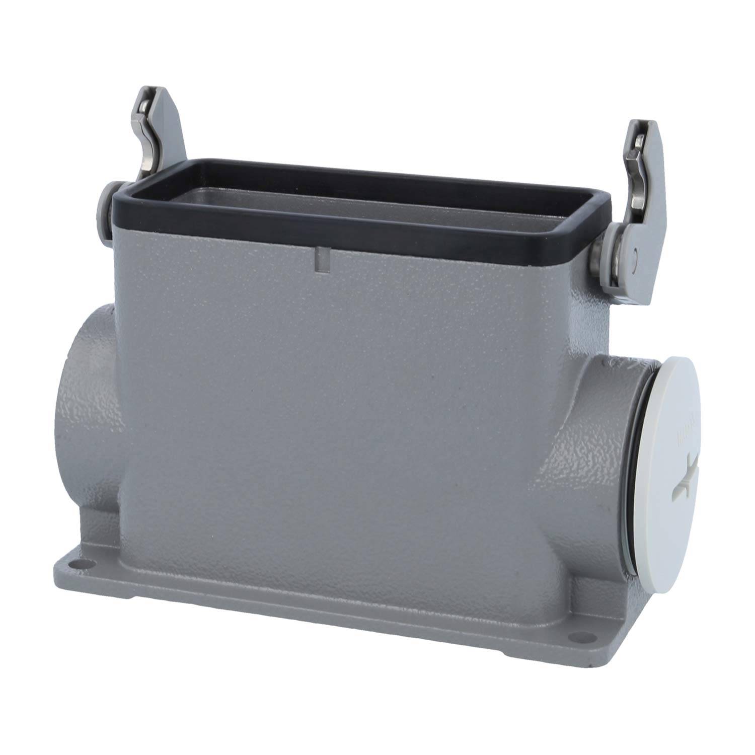 Rechteckiges graues industrielles Anschlussgehäuse mit kreisförmiger Seitenöffnung und Metallverriegelungen für sichere Befestigung.