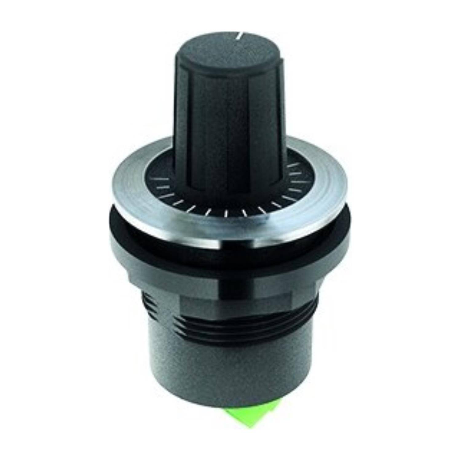 Das Bild zeigt einen schwarzen Drehknopf mit weißen Markierungszeichen auf einem Metallring, der zur Einstellung von Parametern verwendet wird und auf einer Gewindehalterung montiert ist.