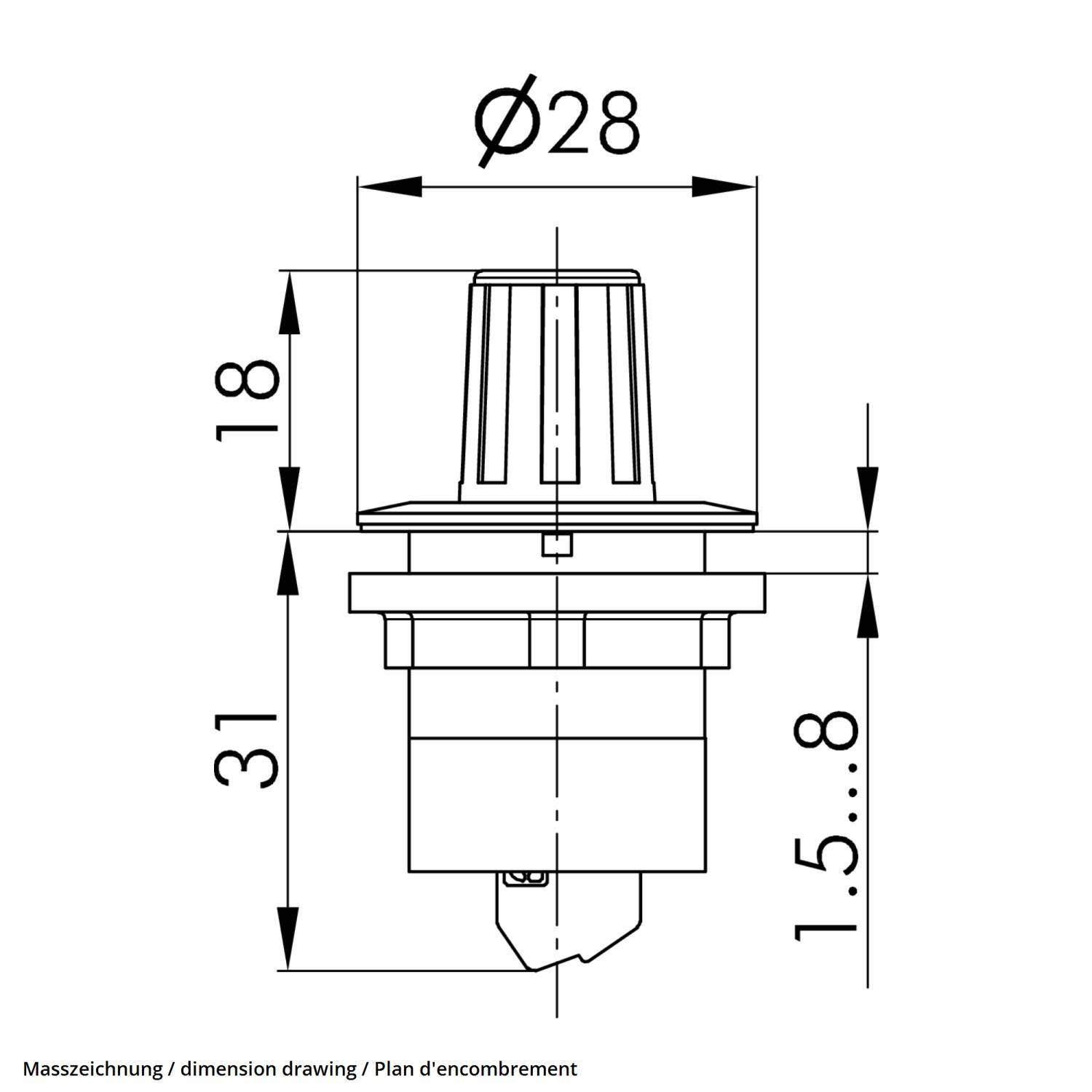 Eine technische Zeichnung einer zylindrischen Komponente mit Knopf und Welle, mit Abmessungen: Durchmesser oben Ø28, Höhe 18, Gesamtlänge 31, mit variablem Abschnitt von 1,5 bis 8.
