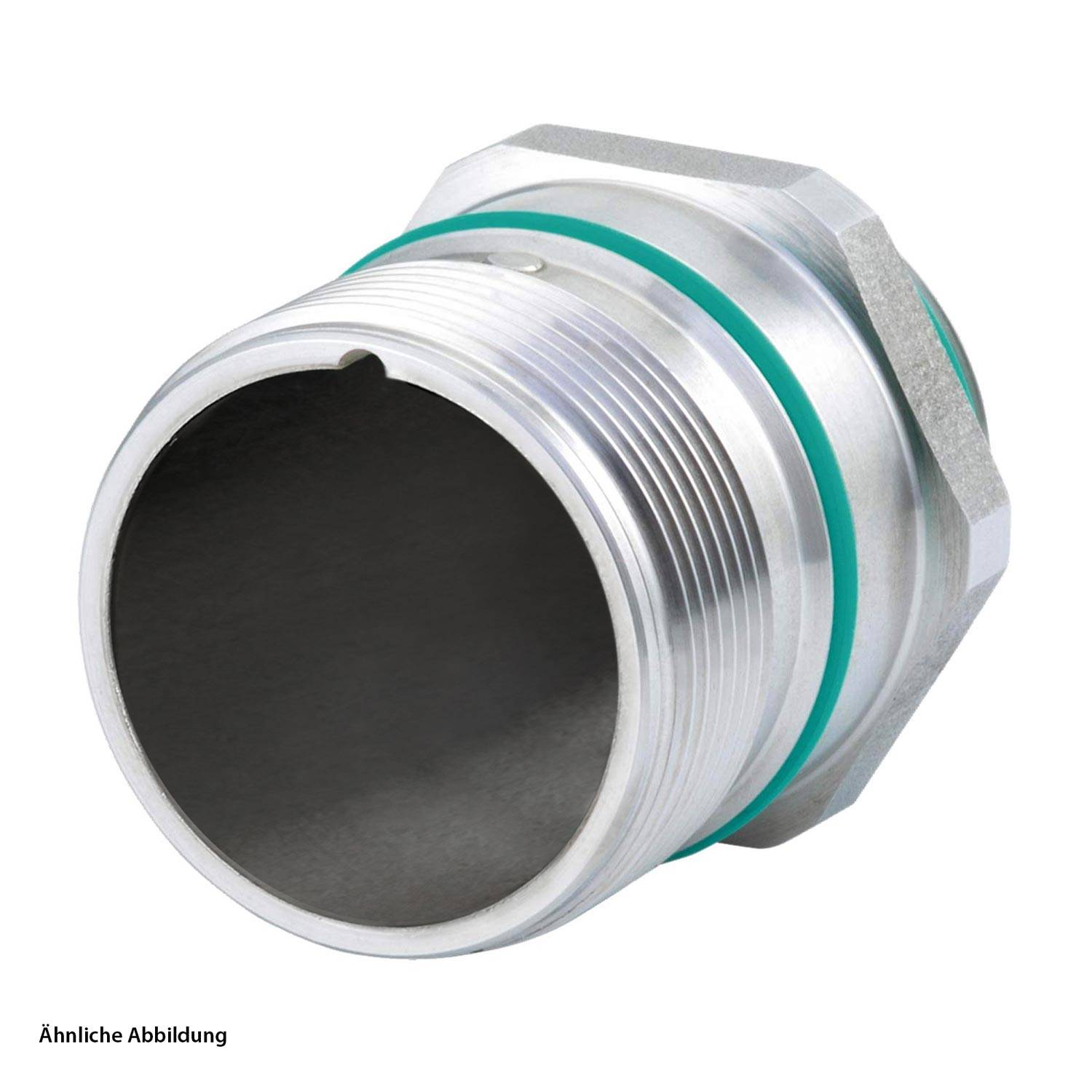 Eine metallische, zylindrische Gewindefitting mit einer sechseckigen Mutter und grüner Dichtung, die für mechanische oder elektrische Verbindungen verwendet wird.