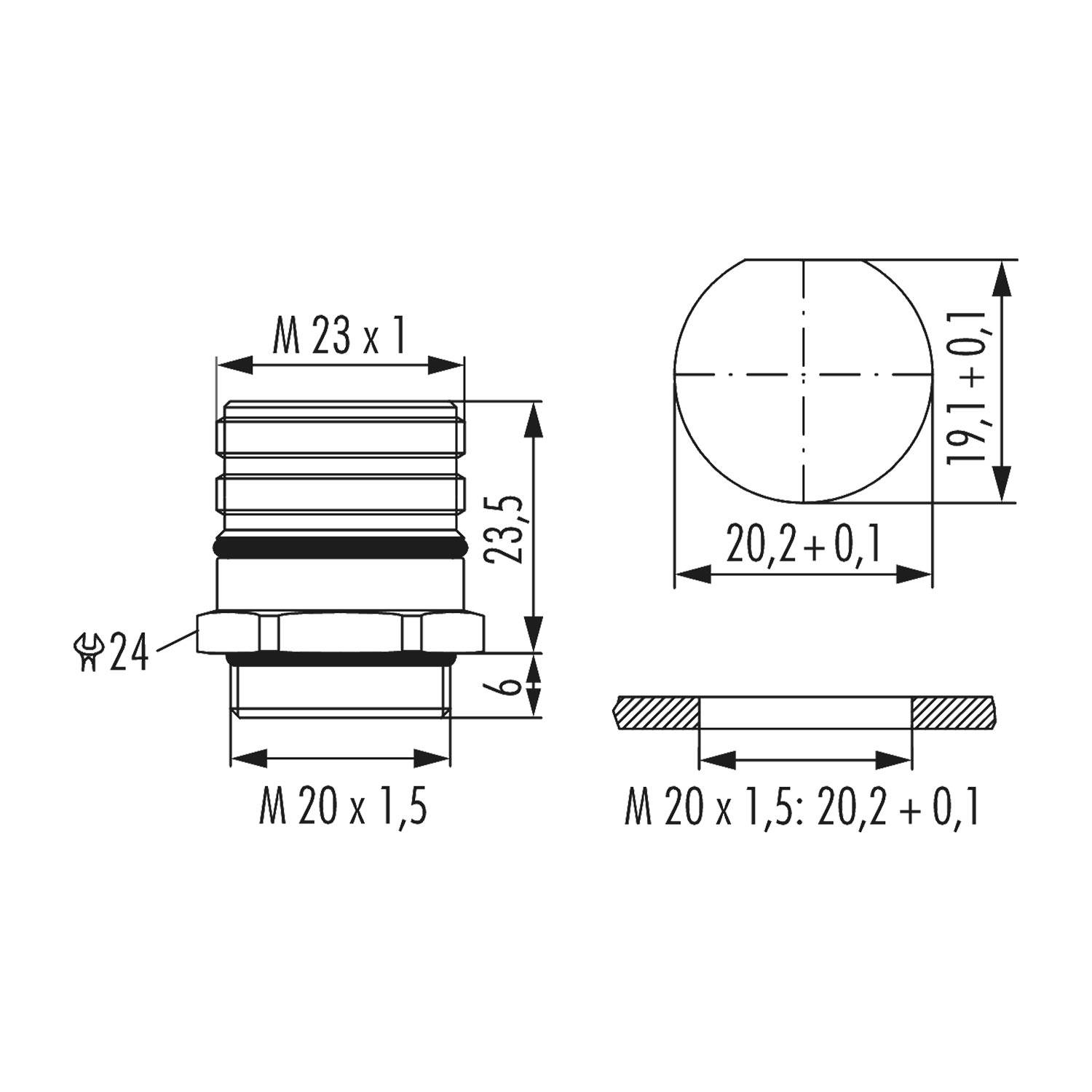 Technische Zeichnung einer mechanischen Komponente mit Maßangaben in Millimetern. Merkmale umfassen Durchmesser, Höhe und Gewindedetails.