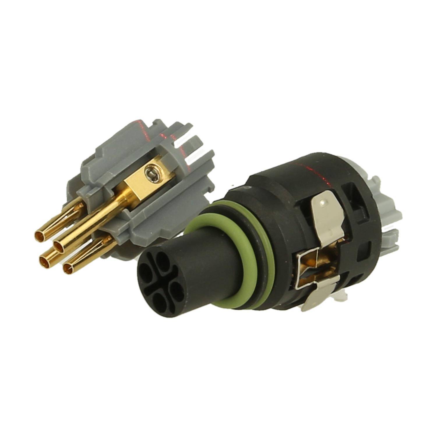 Ein Paar automotive elektrische Steckverbinder mit mehreren Pins und einem zylindrischen schwarzen Gehäuse, die für sichere elektrische Verbindungen ausgelegt sind.