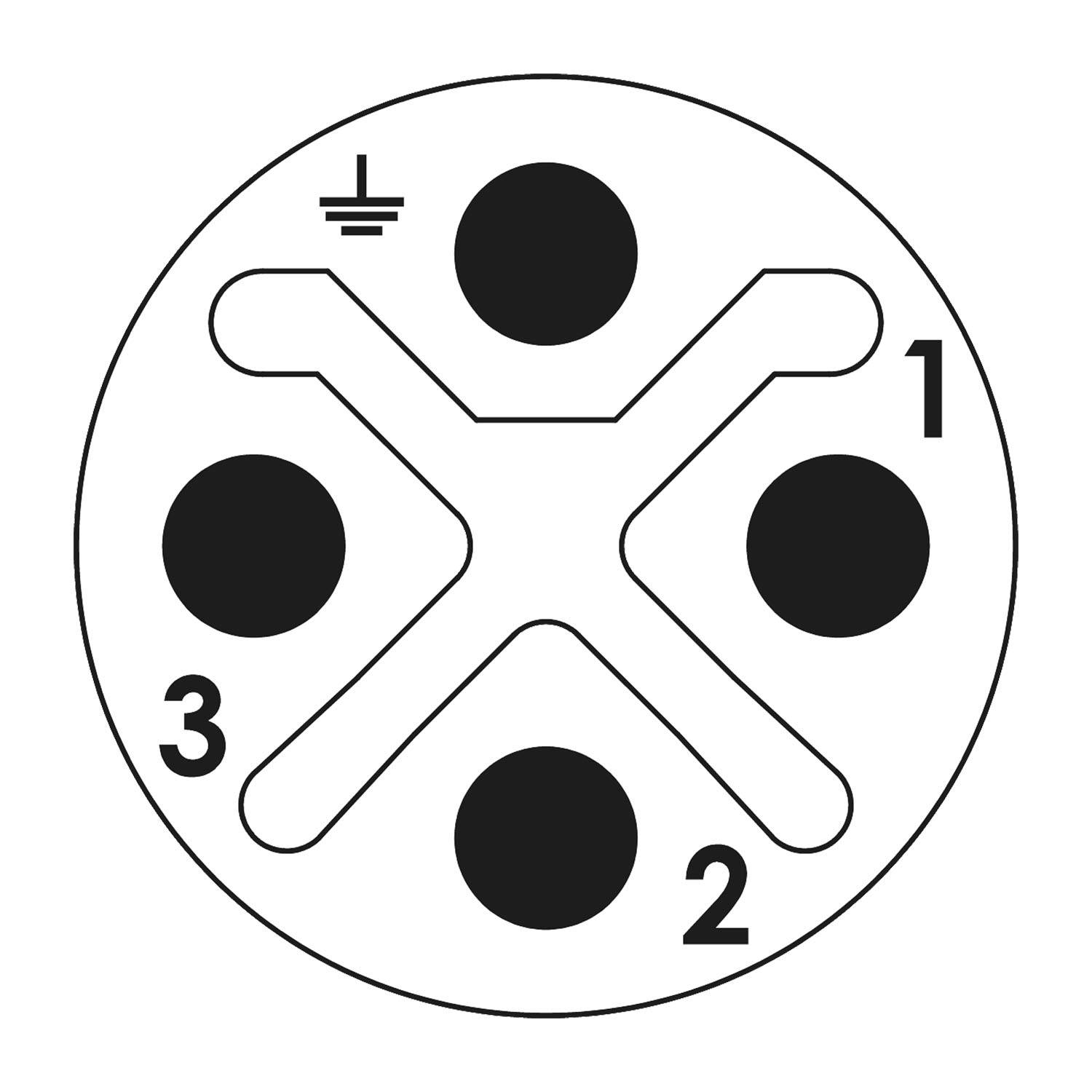 Eine Kreispinbelegungsdiagramm mit fünf Pins: drei beschriftet mit 1, 2, 3 und einem Massesymbol, die elektrische Verbindungen anzeigen.