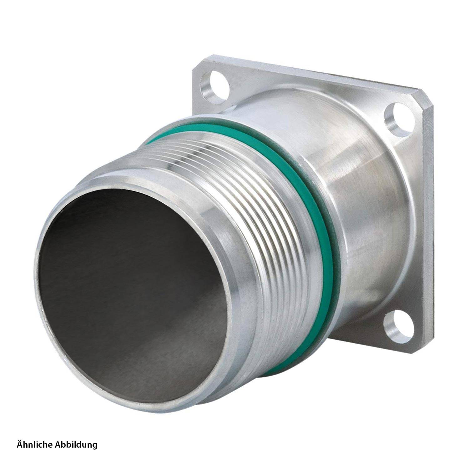 Eine metallische, gewindete zylindrische Rohrverschraubung mit einer grünen Dichtung und vier Befestigungslöchern zur Befestigung an einer Oberfläche.