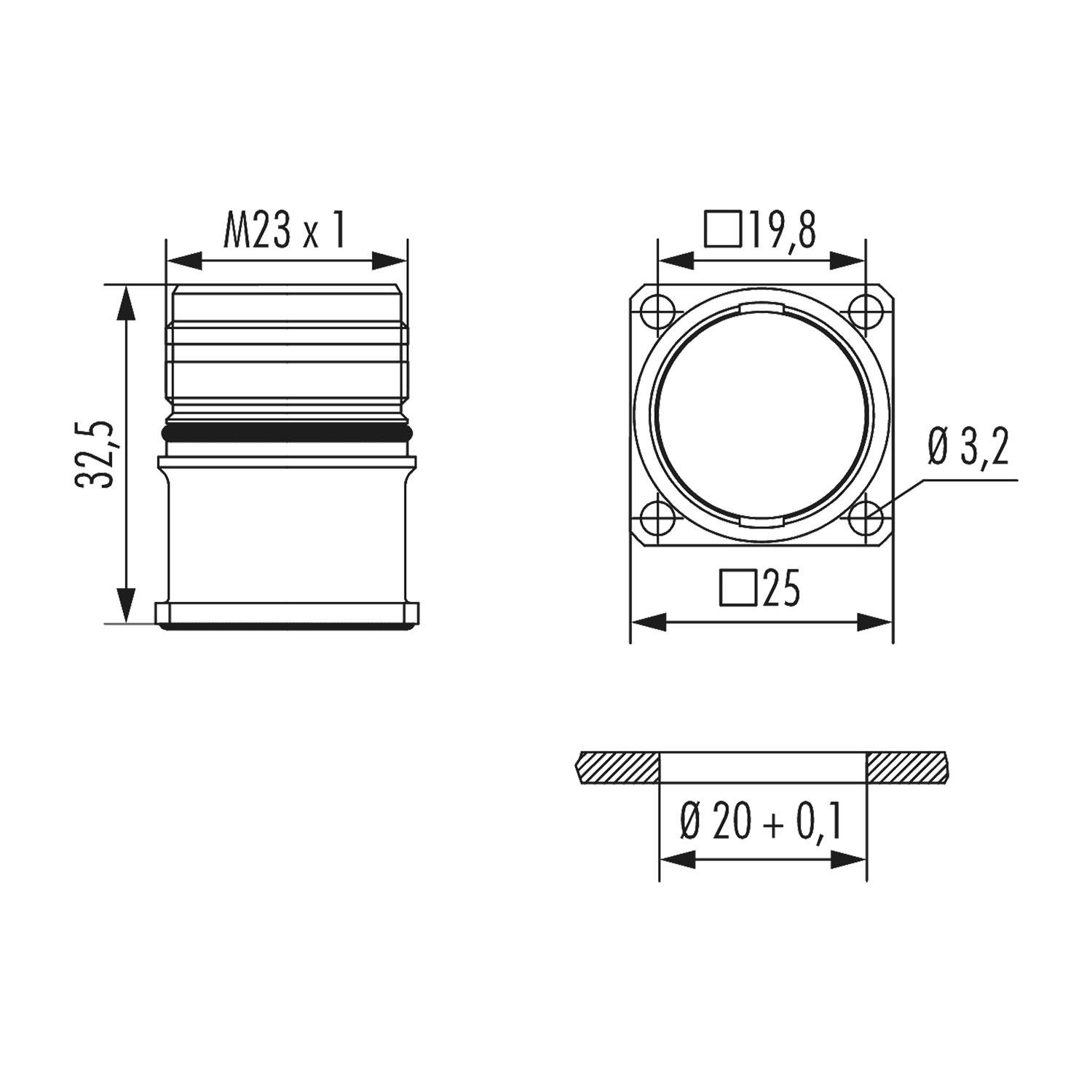 Technische Zeichnung einer zylindrischen Komponente mit detaillierten Maßangaben: Höhe 32,5 mm, Durchmesser 20 ±0,1 mm, Gewindegröße M23x1.