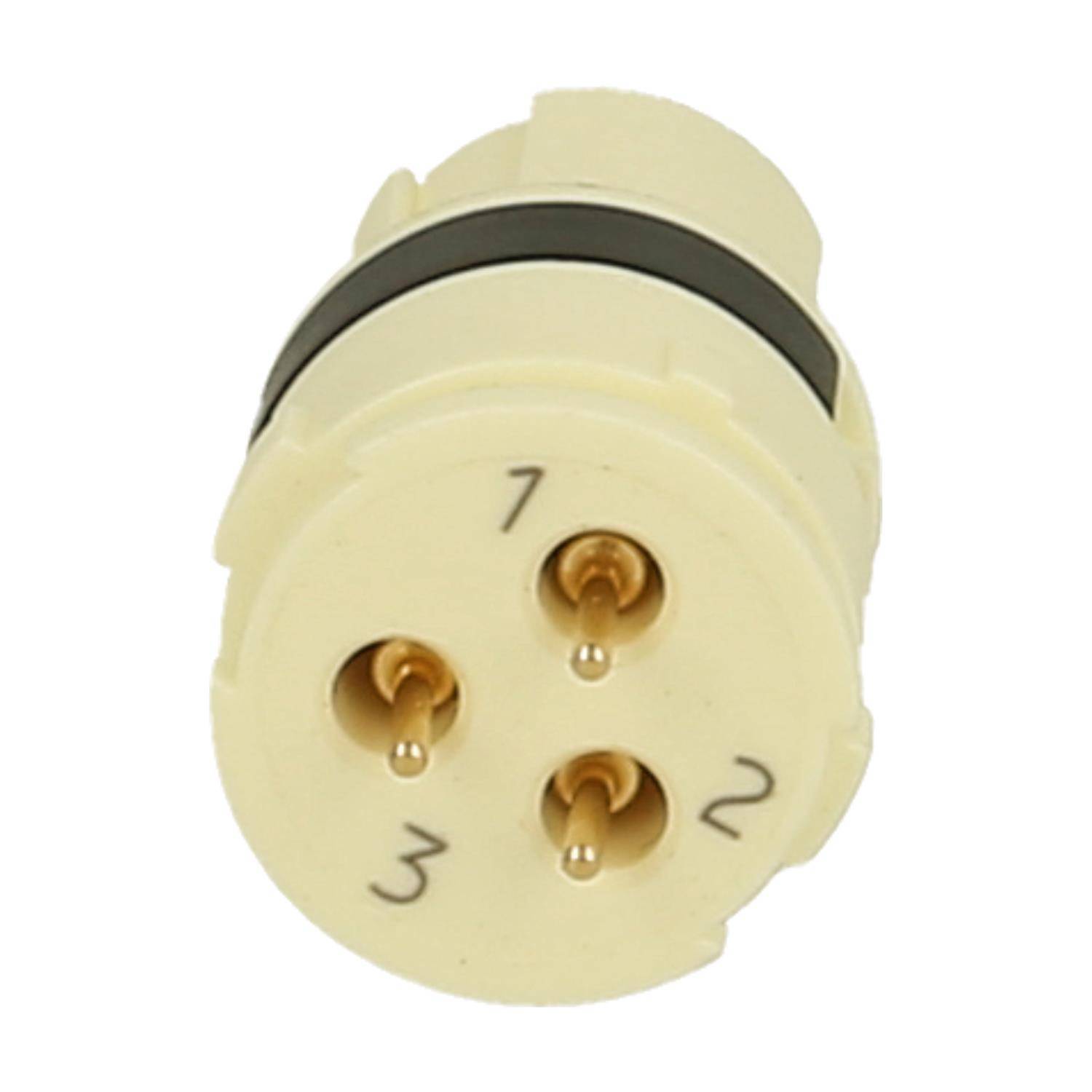 Dreipóliger elektrischer Steckverbinder mit den Zahlen 1, 2 und 3 neben jedem Pin, auf einer beigen zylindrischen Basis.
