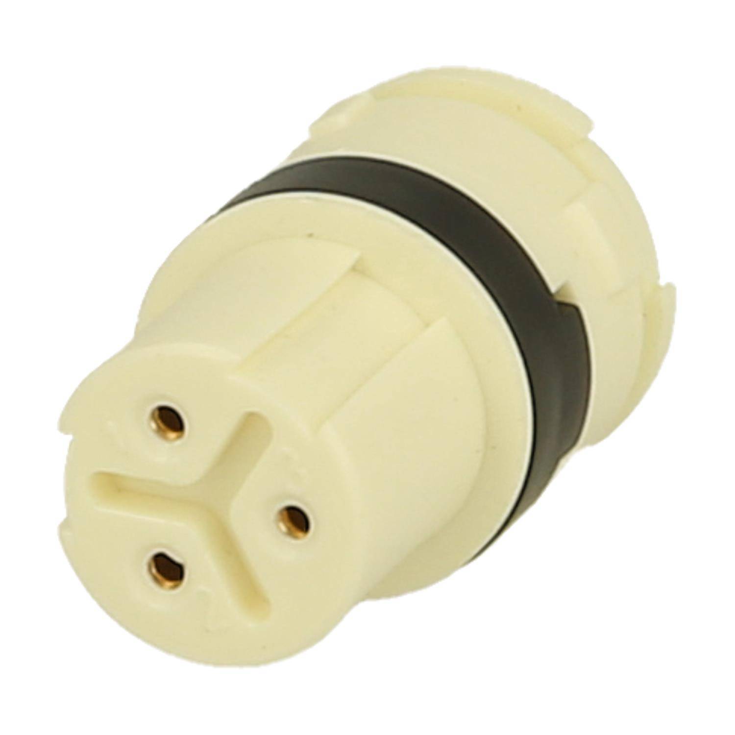 Ein weißer zylindrischer Drei-Pin-Elektrostecker mit einem schwarzen Band in der Mitte, konzipiert für spezifische Stromverbindungen.