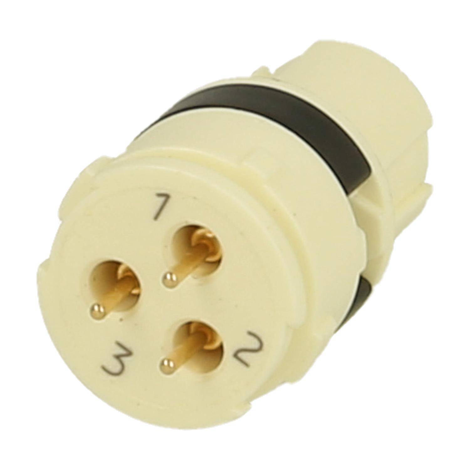 Ein dreipinniger elektrischer Stecker mit Pins, die mit 1, 2 und 3 beschriftet sind, in einem beigen Kunststoffgehäuse mit einem schwarzen Ring.