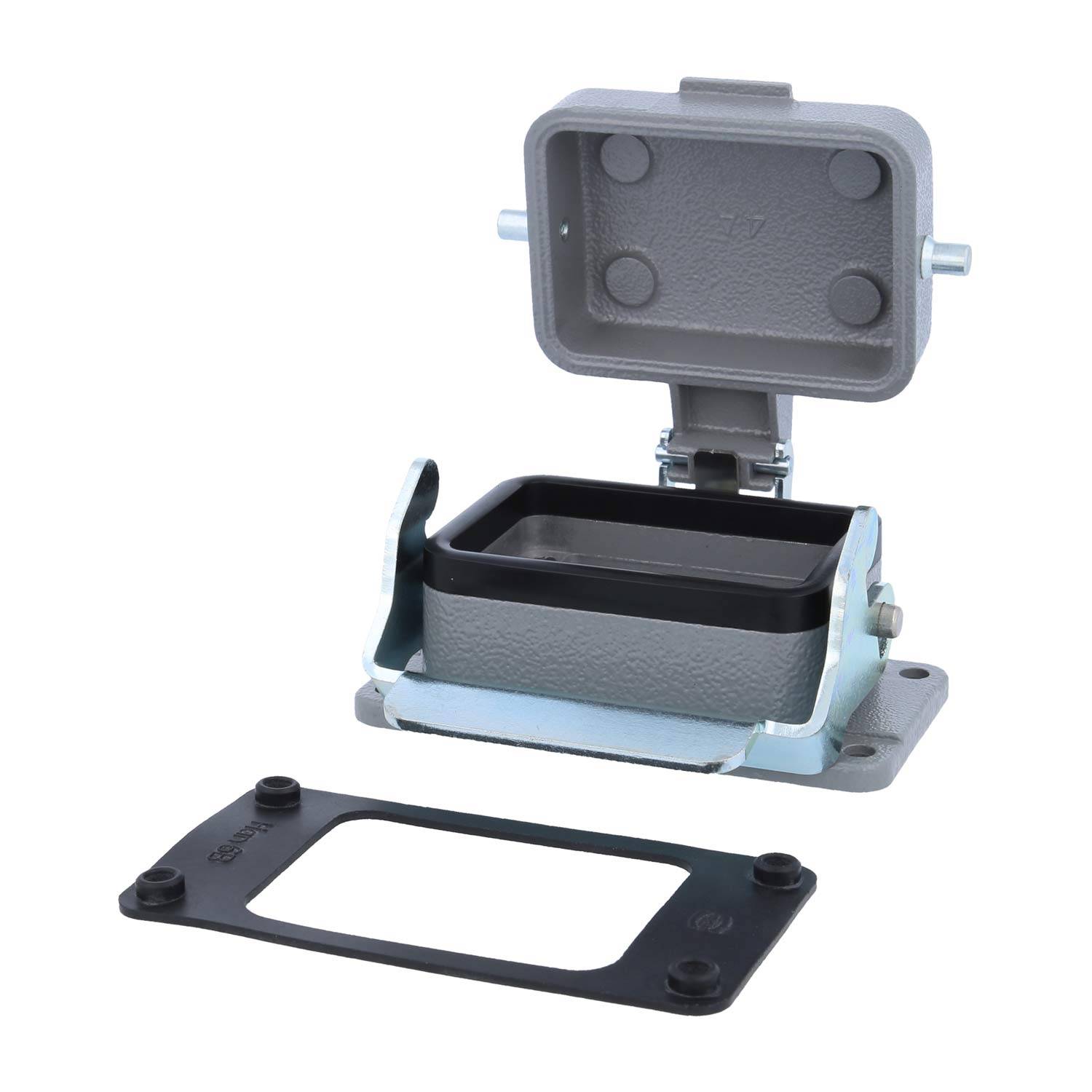 Elektrisches Gehäuse mit offener Abdeckung, das ein rechteckiges Fach und eine separate Dichtung zeigt.