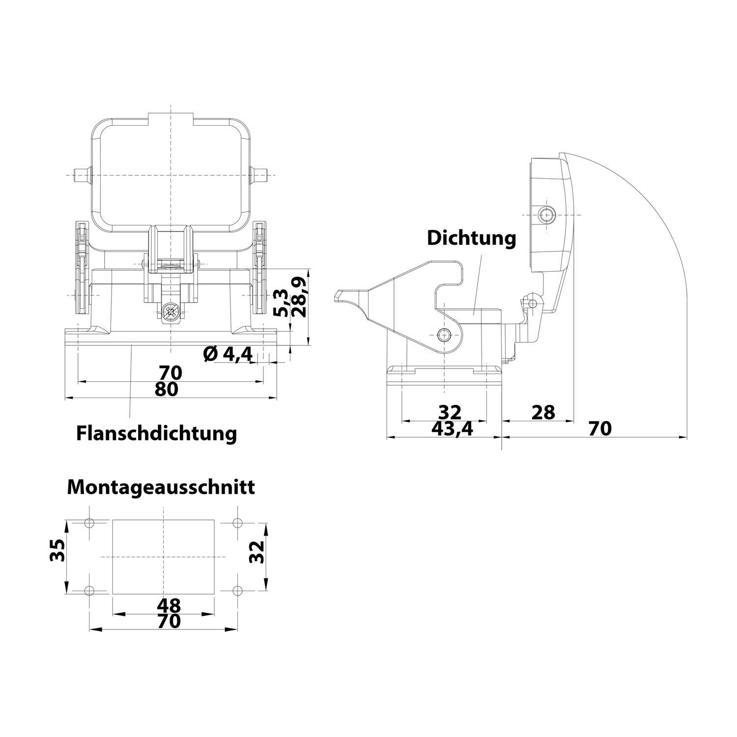 Technische Zeichnung einer Flanschdichtung mit Maßangaben in mm. Beinhaltet Ansichten von oben und der Seite, die Abmessungen und Platzierung der Dichtung und der Montagebuchse zeigen.