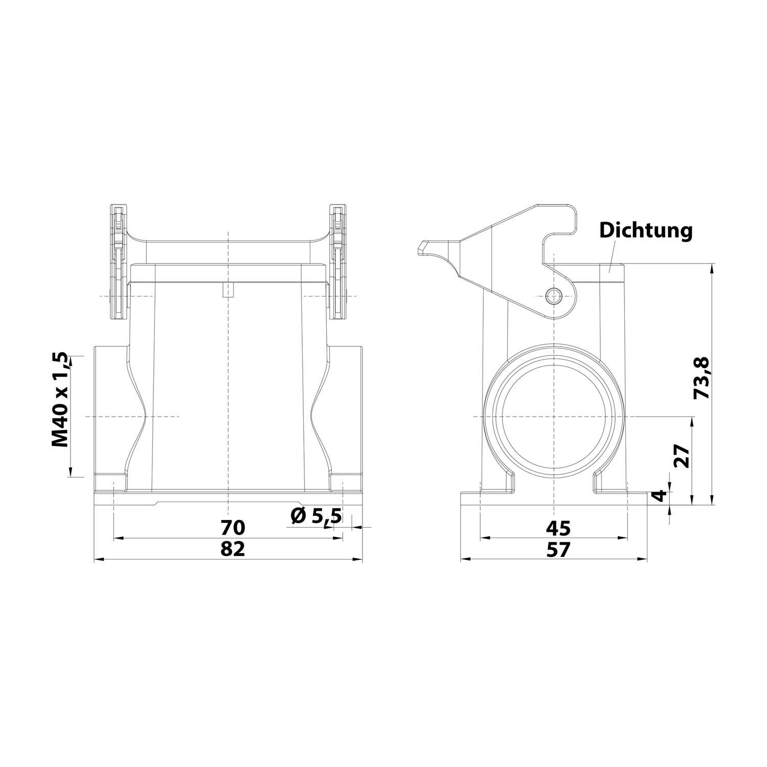 04300060271 HARTING Han 6B Sockelgehäuse hoch, 1xM40 seitlicher Kabelabgang, mit 1 Längsbügel Verschraubung M40