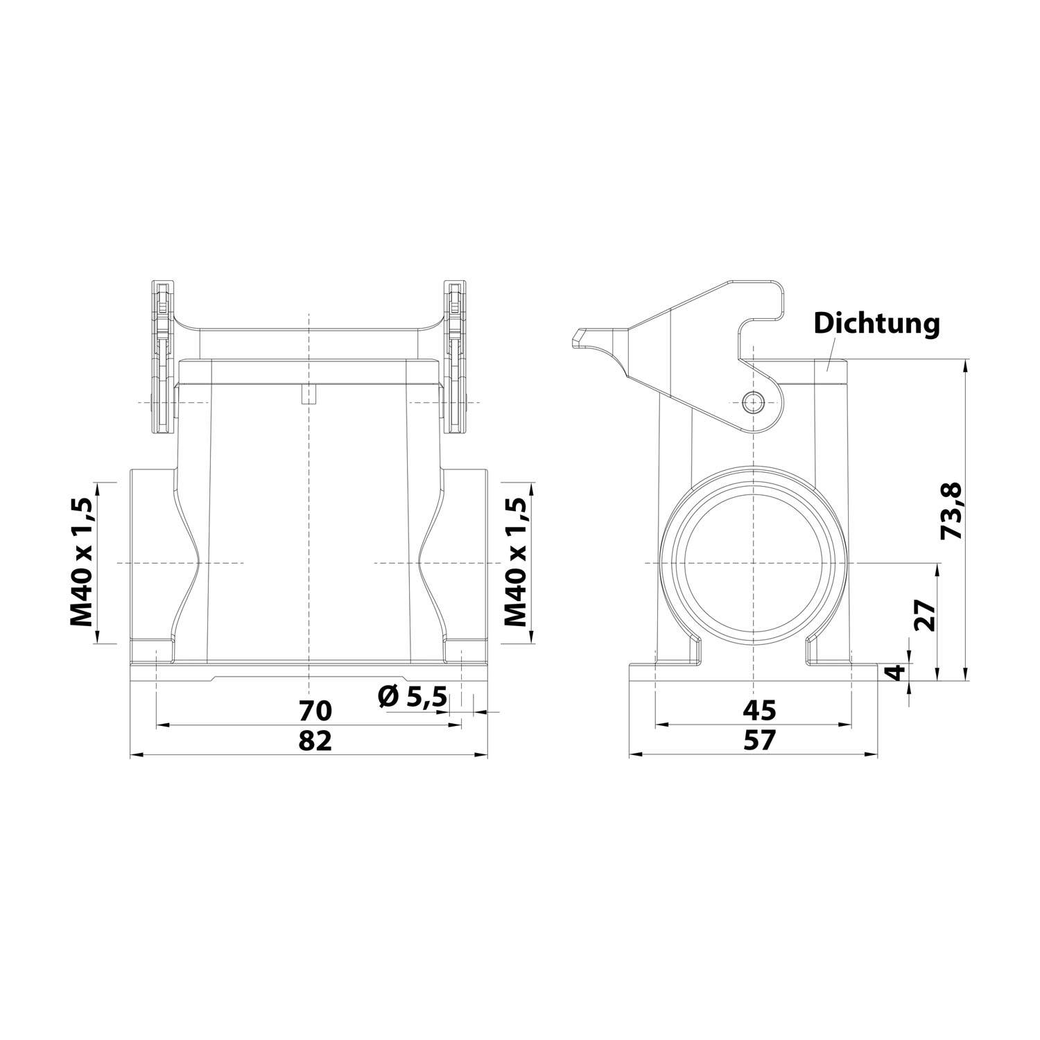 04300060267 HARTING Han 6B Sockelgehäuse hoch, 2xM40 seitlicher Kabelabgang, mit 1 Längsbügel Verschraubung M40