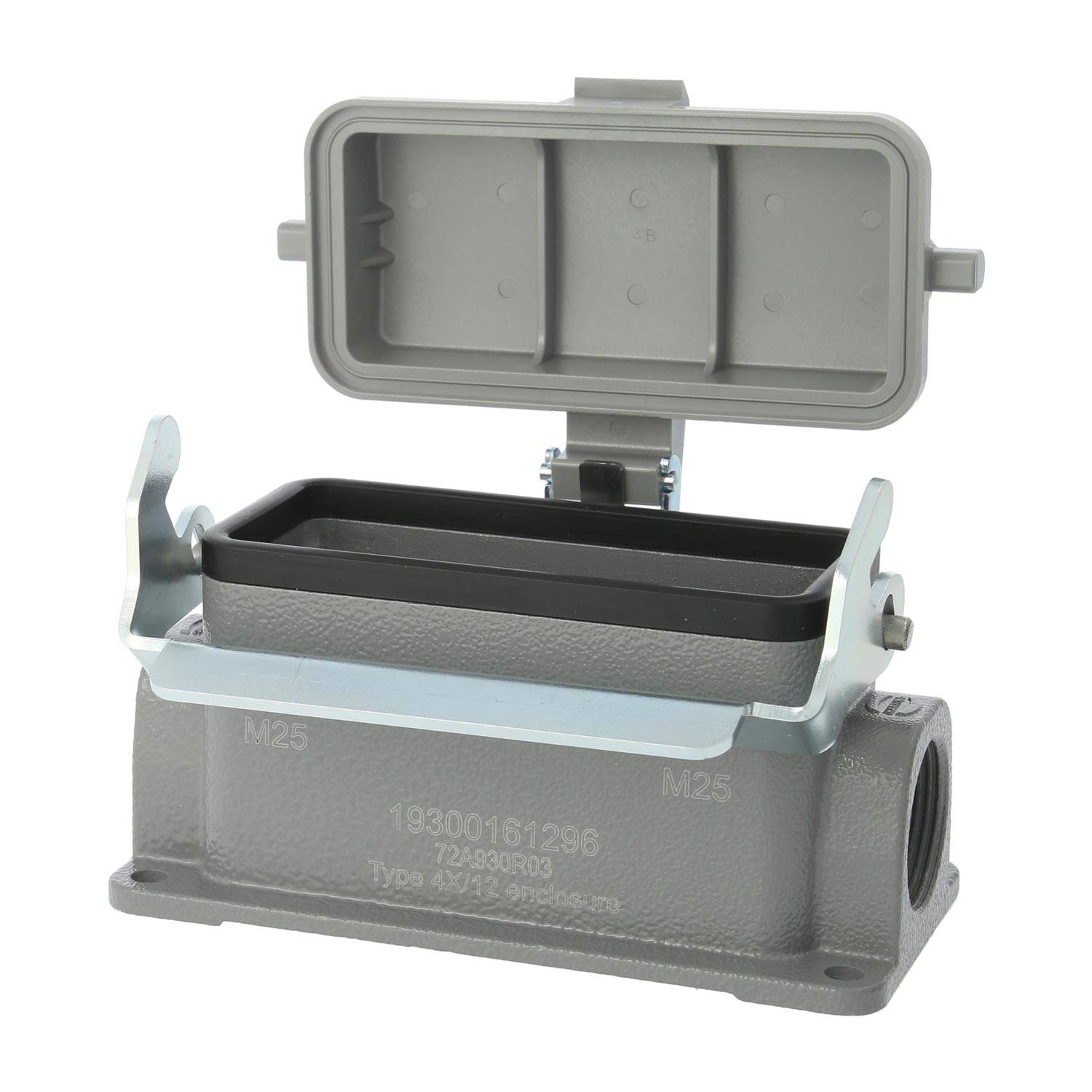 04300161295 HARTING Han 16B Sockelgehäuse niedrig, 2xPG21 seitlicher Kabelabgang, mit 1 Längsbügel mit Schutzkappe