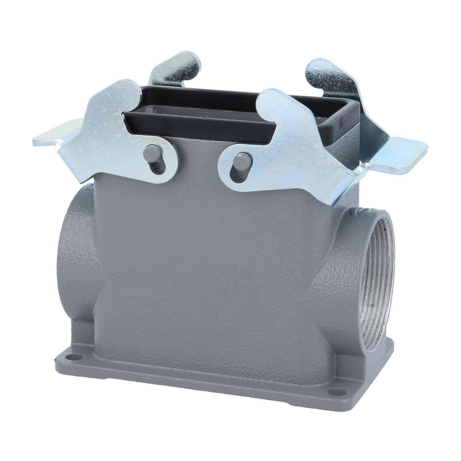 Ein grau-industrielles Verbindungsgehäuse mit metallischen Verriegelungen auf der Oberseite. Das Gehäuse verfügt über seitliche Öffnungen für Kabel und eine Montagebasis.