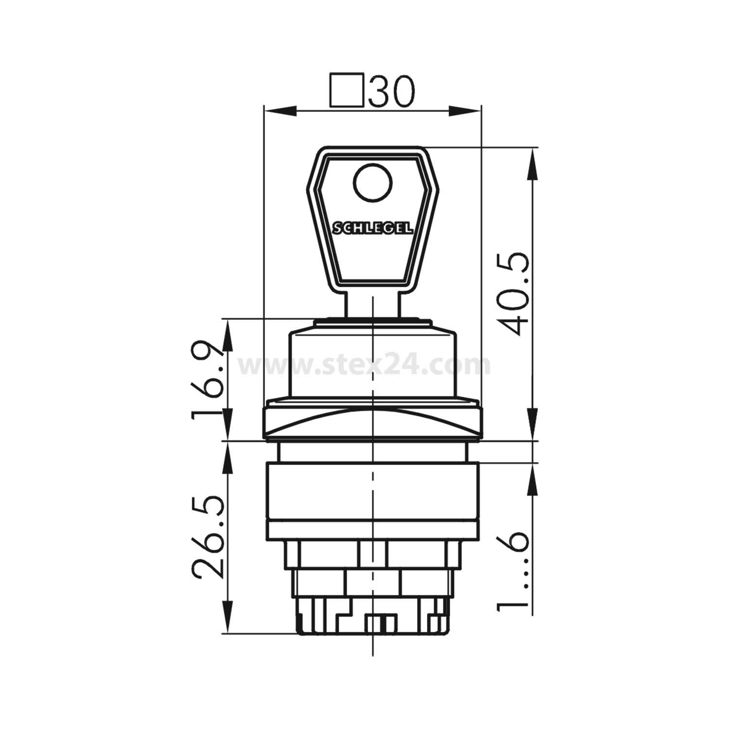 Diagramm eines Schlegel-Verriegelungsschalters mit Abmessungen: 30x40,5 mm oben, 26,5x16,9 mm mittig, mit einer Einbautiefe zwischen 1-6 mm.