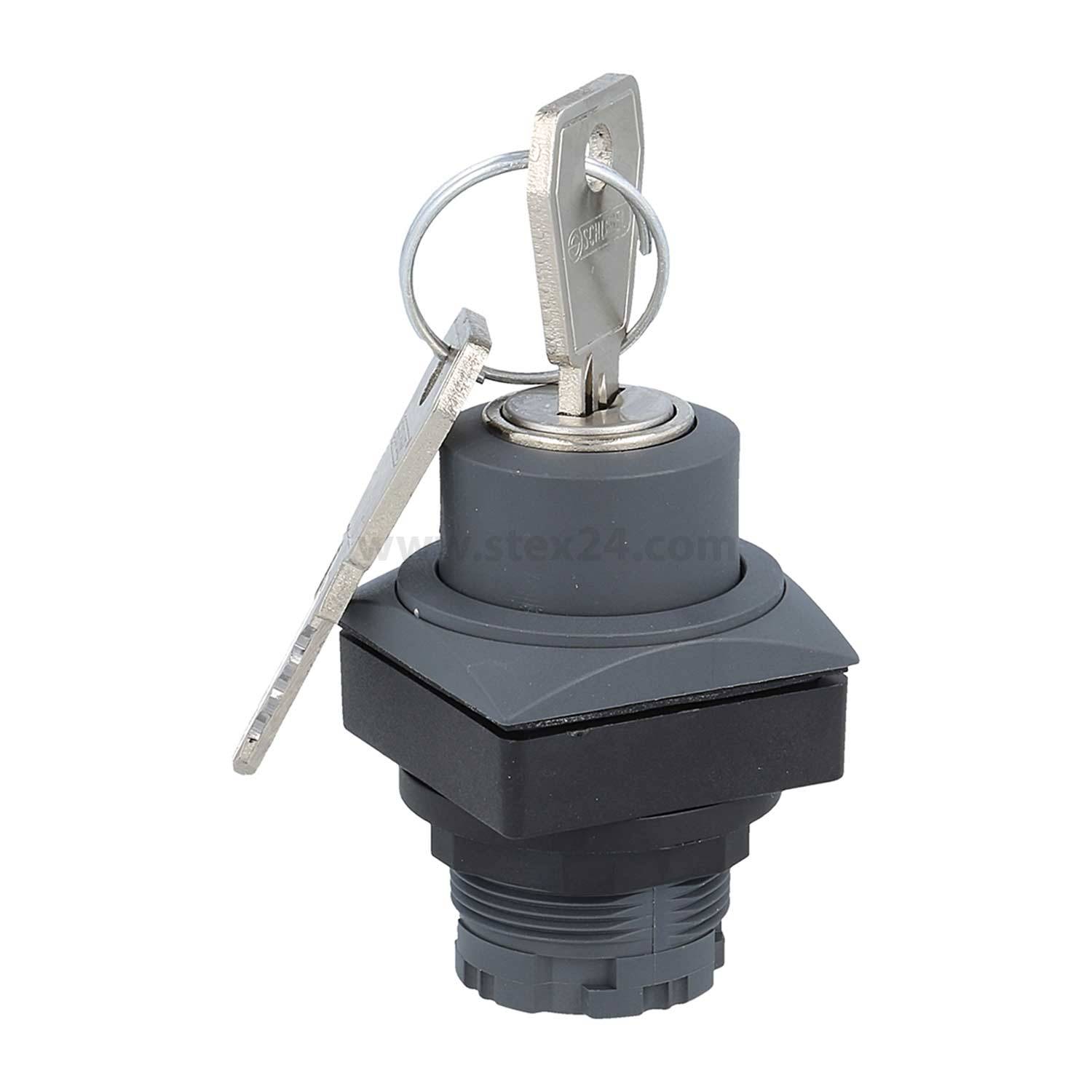 Eine Nahaufnahme eines Schlüsselschalters mit zwei eingesteckten Schlüsseln, an einem Metallring befestigt, vor einem einfarbigen Hintergrund.