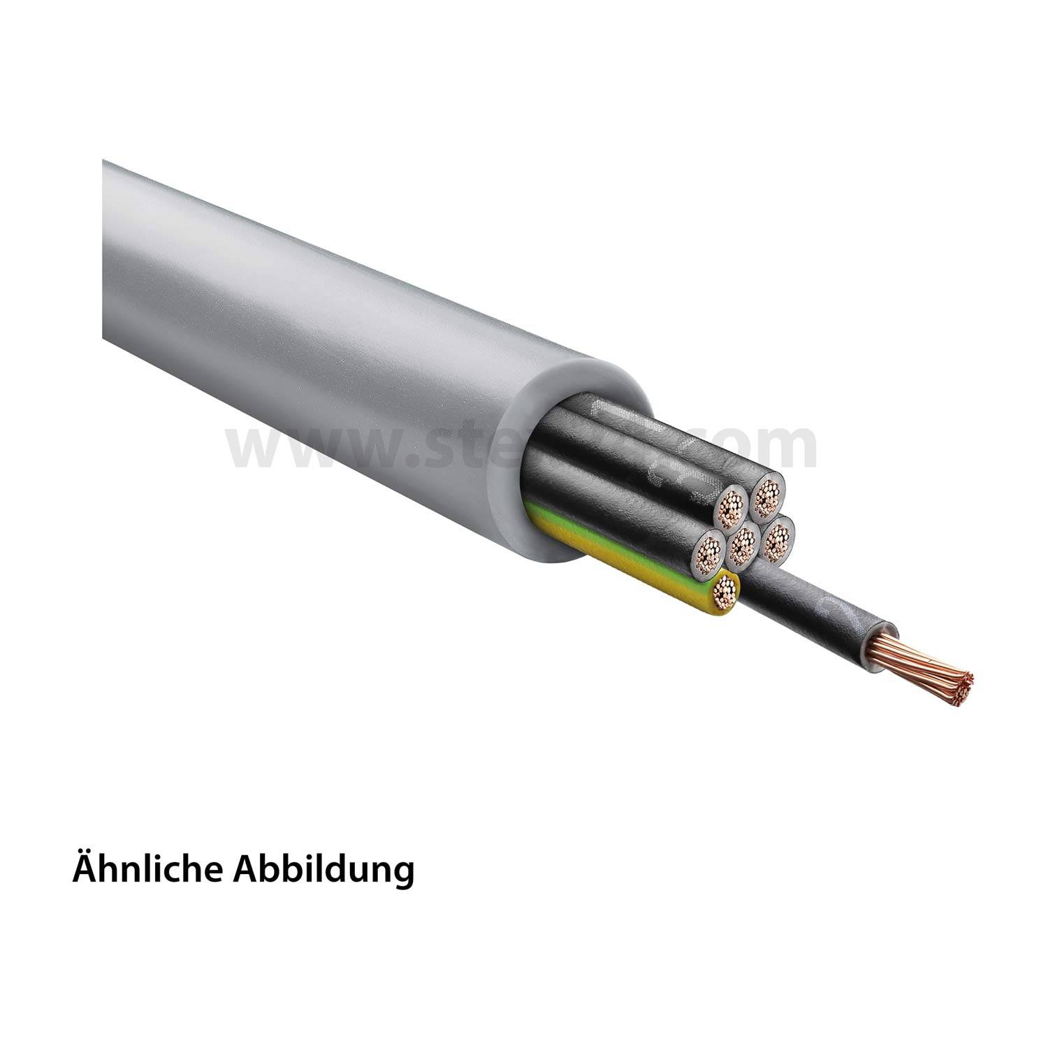 Ein Querschnitt eines grauen elektrischen Kabels mit mehreren internen Kupferdrähten. Text lautet 'Ähnliche Abbildung'.