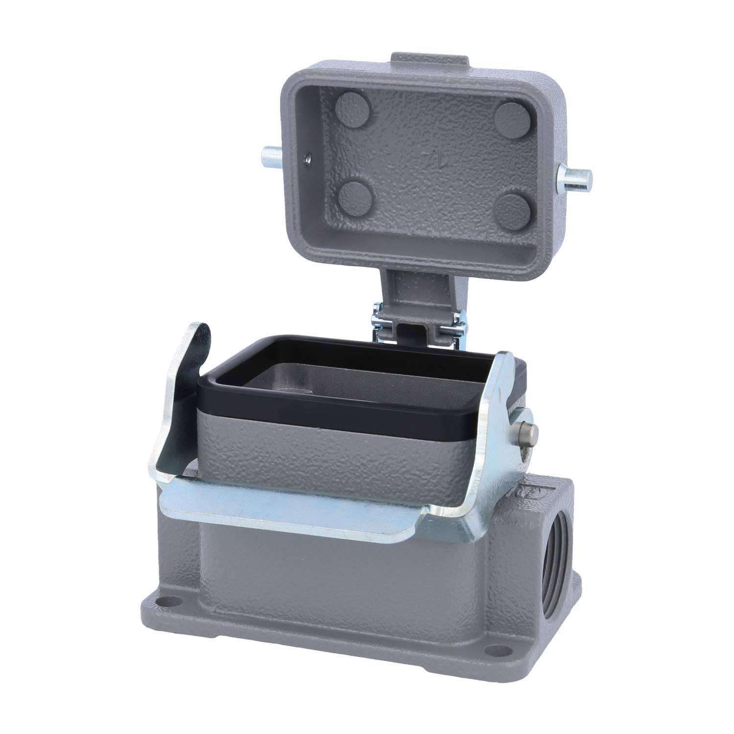 Han-10B Verbindungsgehäuse, grau, mit offenem Deckel und Metallverschluss, für industrielle elektrische Verbindungen, Draufsicht.