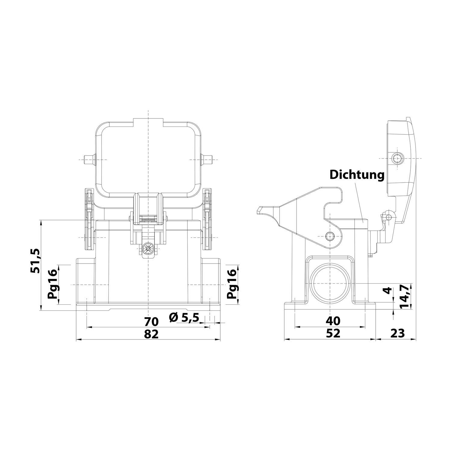 Technische Zeichnung einer Komponente mit Abmessungen und der Beschriftung 'Dichtung'. Vorder- und Seitenansicht zeigen Maße in Millimetern.