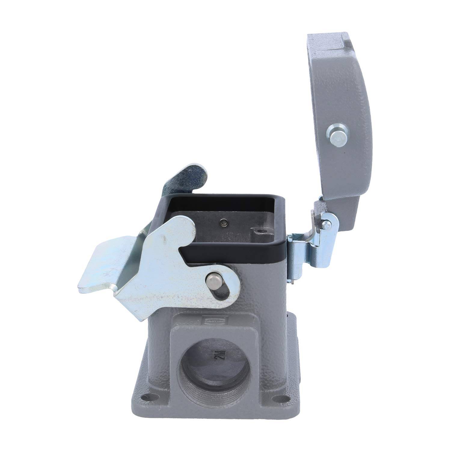 Elektrische Metall-Steckdosenabdeckung mit Klappdeckel, in offener Position dargestellt. Entwickelt zum Schutz von Außensteckdosen vor Witterungseinflüssen.