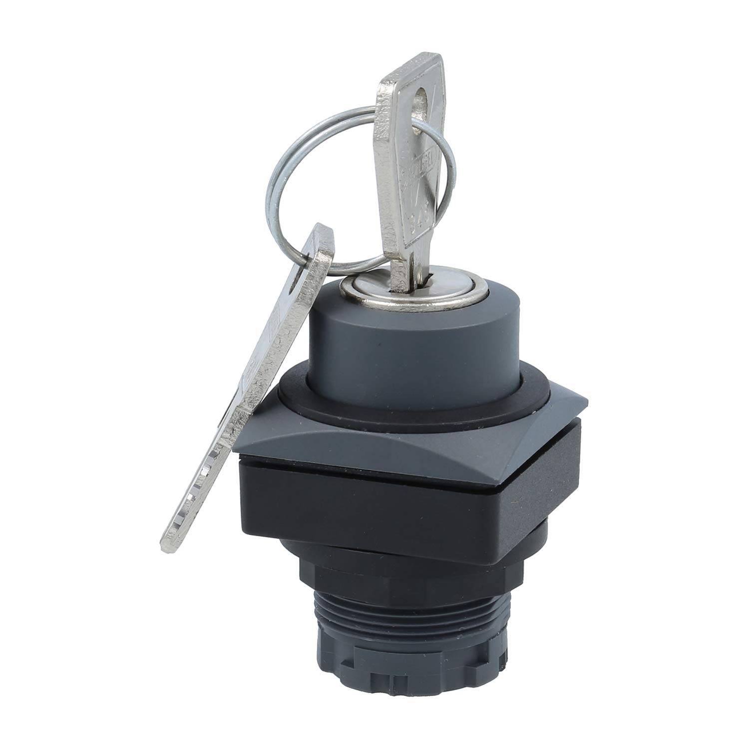 Ein silberner Schlüssel, der in einen Metallschalter mit schwarzer Basis eingeführt wird, mit einem zweiten Schlüssel an einem Schlüsselring.