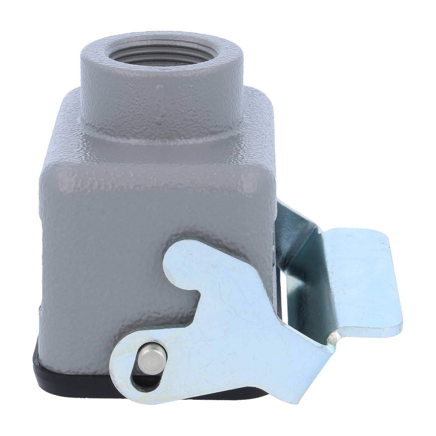 Eine graue, quadratische elektrische Abzweigdose mit einem metallumsäumten Ende und einer Öffnung an der Oberseite, die zur Unterbringung elektrischer Anschlüsse dient.