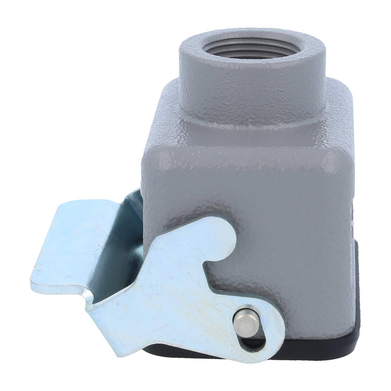 Ein grau-metallisches elektrisches Anschlussgehäuse mit einer seitlichen Klemme und abgerundeten Kanten, das zum Schutz und zur Verbindung von Drähten verwendet wird.