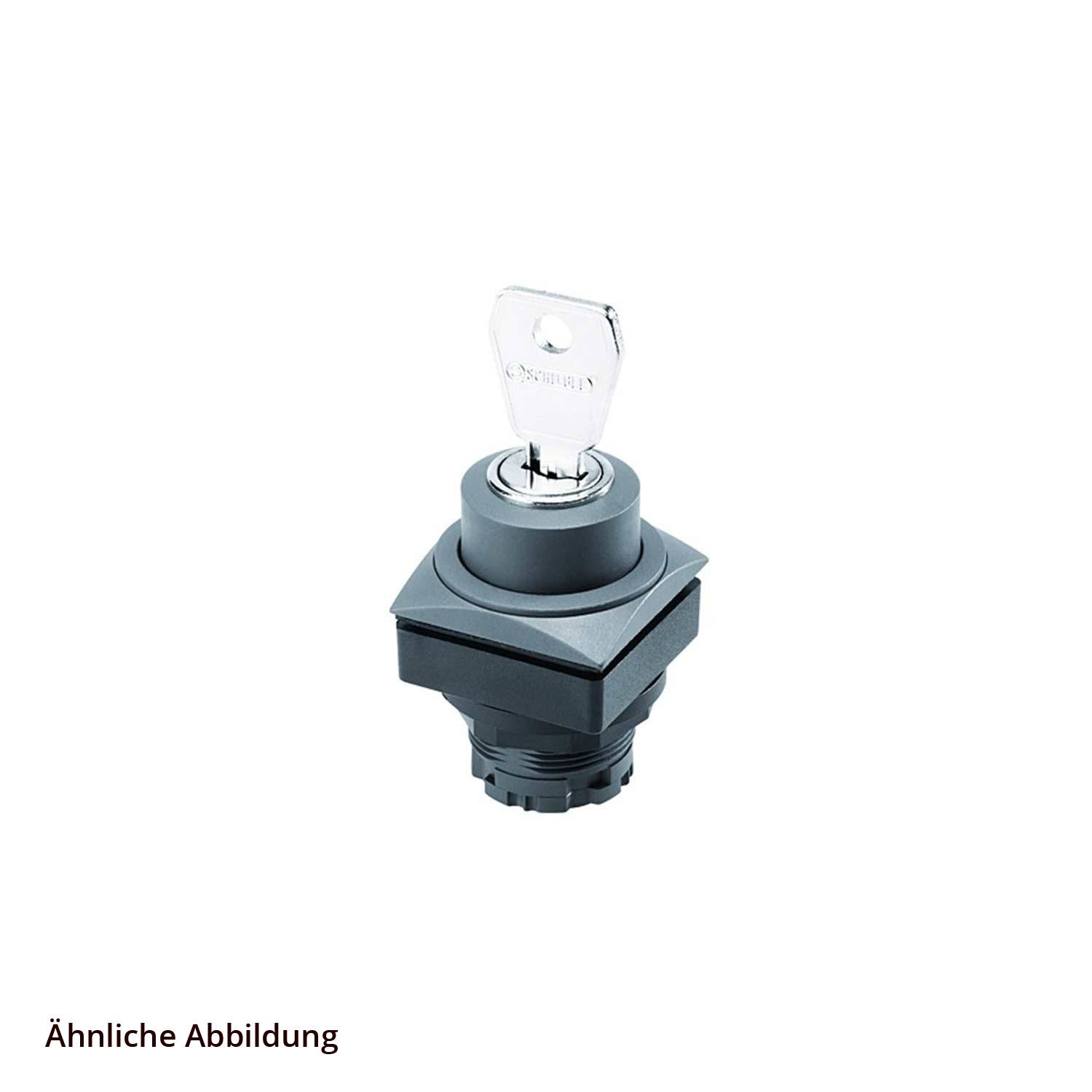 Ein ähnliches Bild zeigt einen Schlüssel, der in eine schwarze, quadratische Basisschalter eingeführt wird, was auf einen Sicherheits- oder Aktivierungsmechanismus hindeutet.