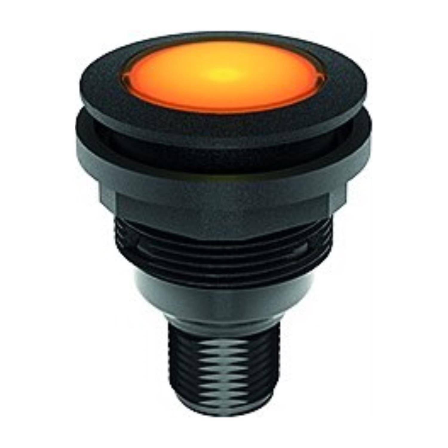 Eine runde, schwarze LED-Anzeigelampe mit einem leuchtend orangefarbenen Zentrum, geeignet zur Montage auf Paneelen in elektronischen Geräten, die den Betriebsstatus anzeigt.