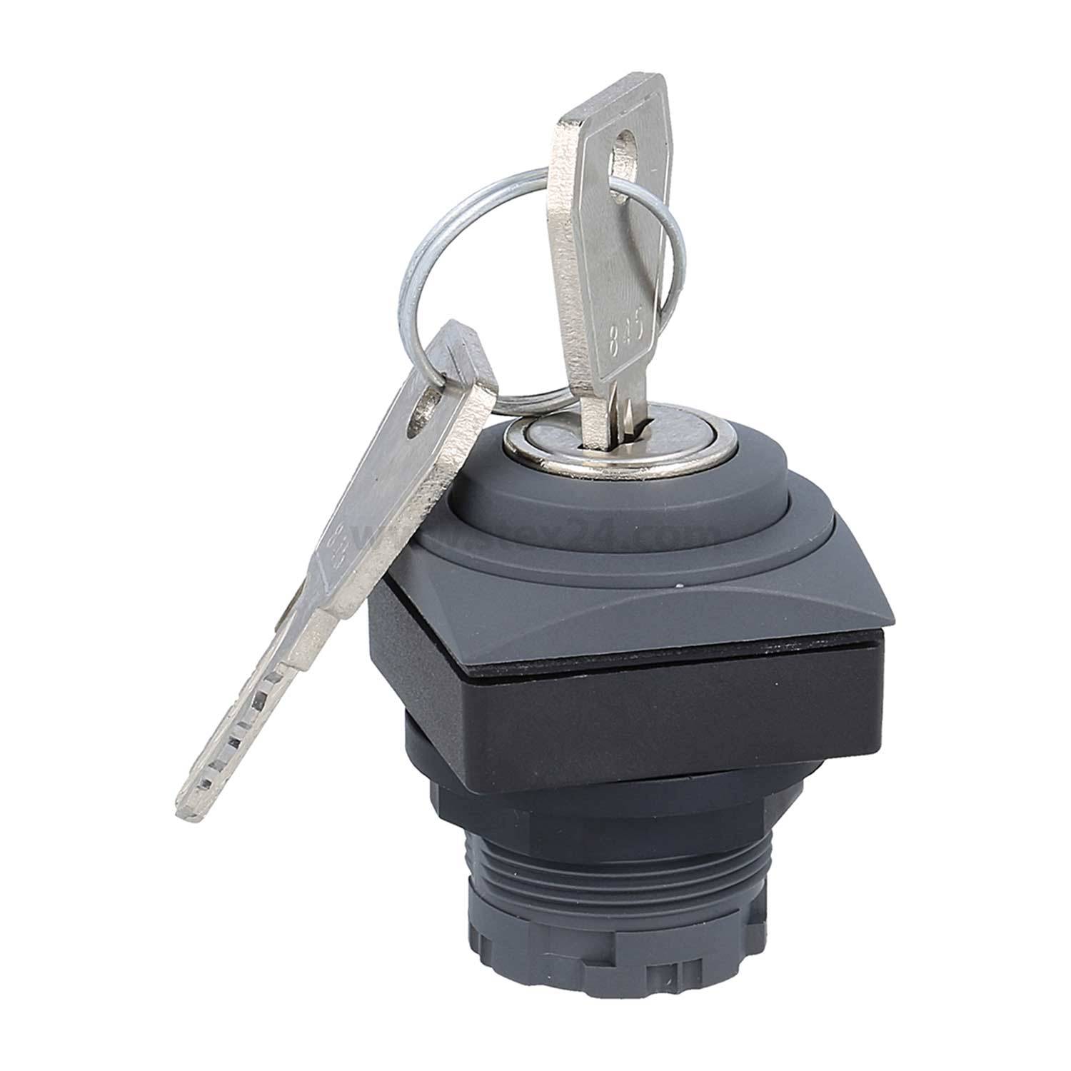 Ein metallischer Schlüssel, der in ein quadratisches, schwarzes Zündschloss eingesteckt ist, mit einem weiteren Schlüssel an einem Schlüsselring befestigt, vor einem weißen Hintergrund platziert.