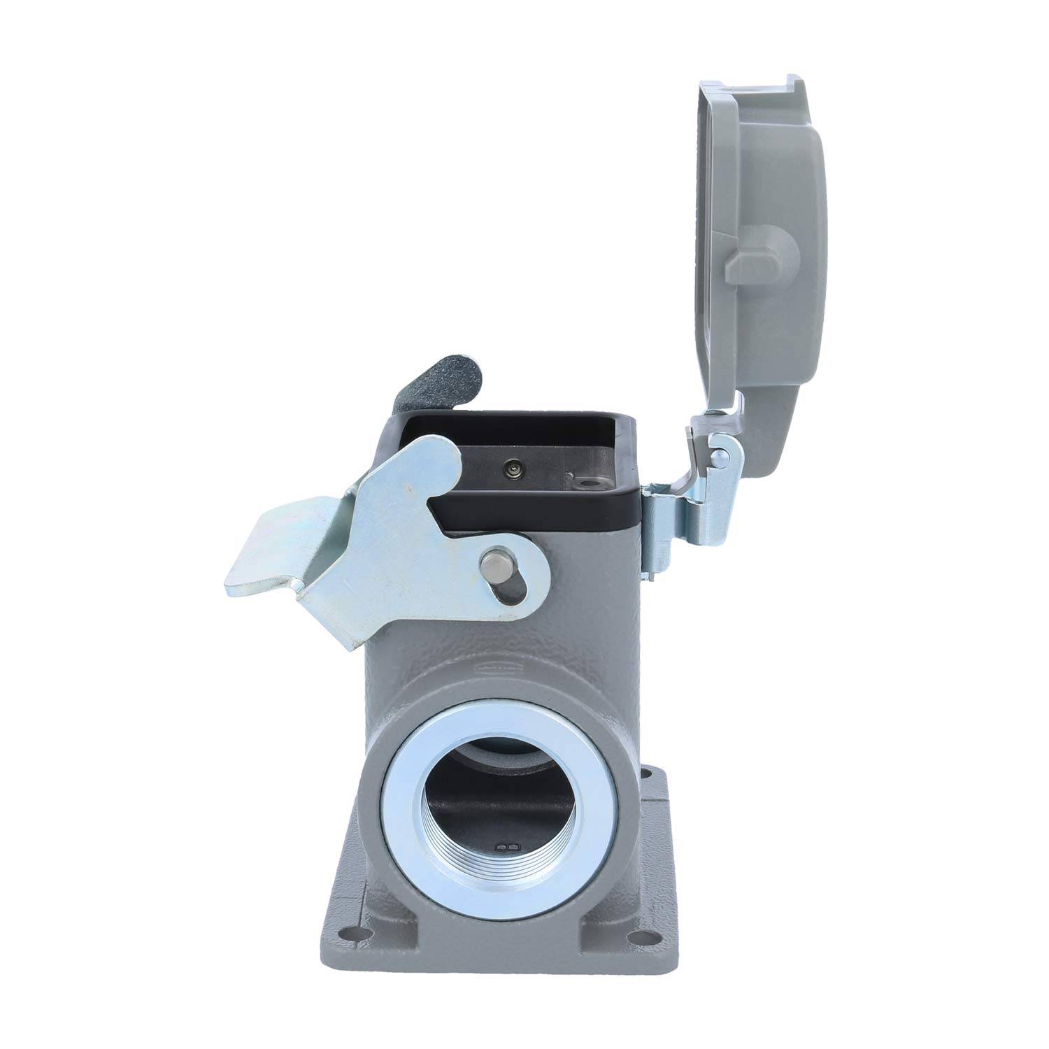 Eine Metallstromverteilung mit einem offenen Deckel und einer Schutzklappe, für den Außeneinsatz konzipiert, mit einer kreisförmigen Anschlussöffnung.