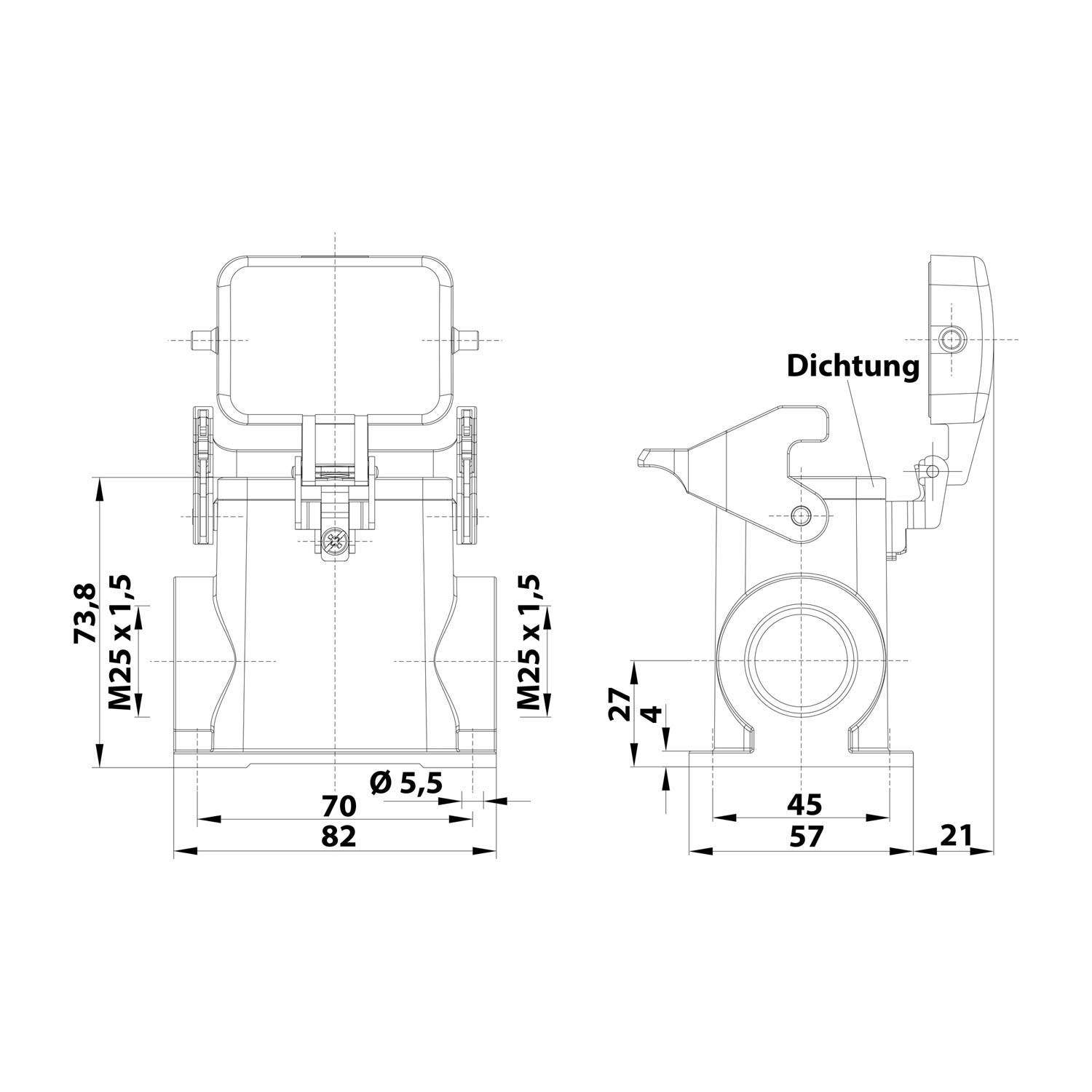 Technische Zeichnung eines Geräts mit zwei Ansichten. Seitenansichtdimensionen: 73,8 Höhe, 45 Breite. Frontansicht zeigt 70 Breite, Ø 5,5 Bolzengröße.