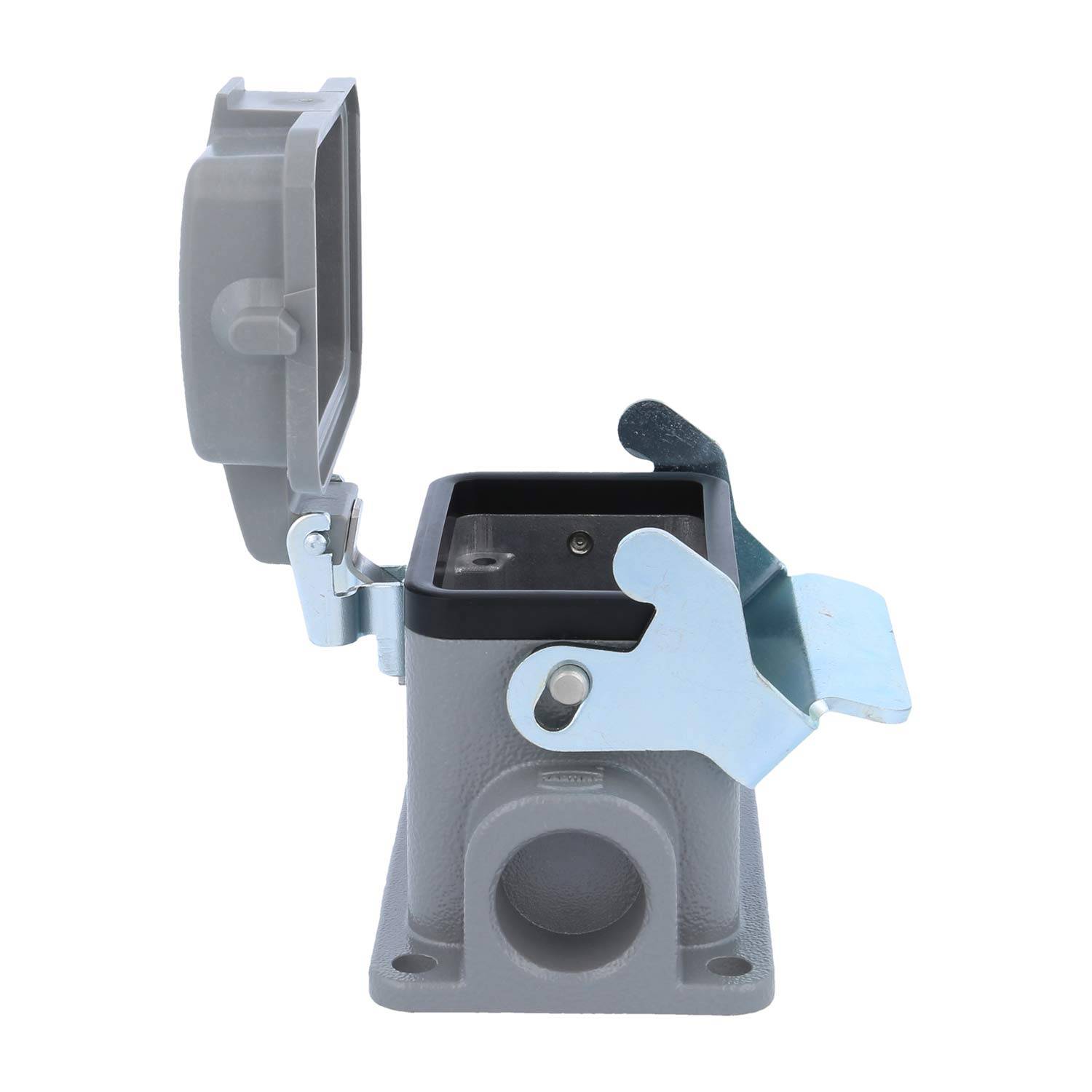 Eine Metall-Elektroanschlussbox mit offener Abdeckung, die einen kreisförmigen Anschlussport an der Basis für Kabeleinführung zeigt, geeignet für industrielle Anwendungen.