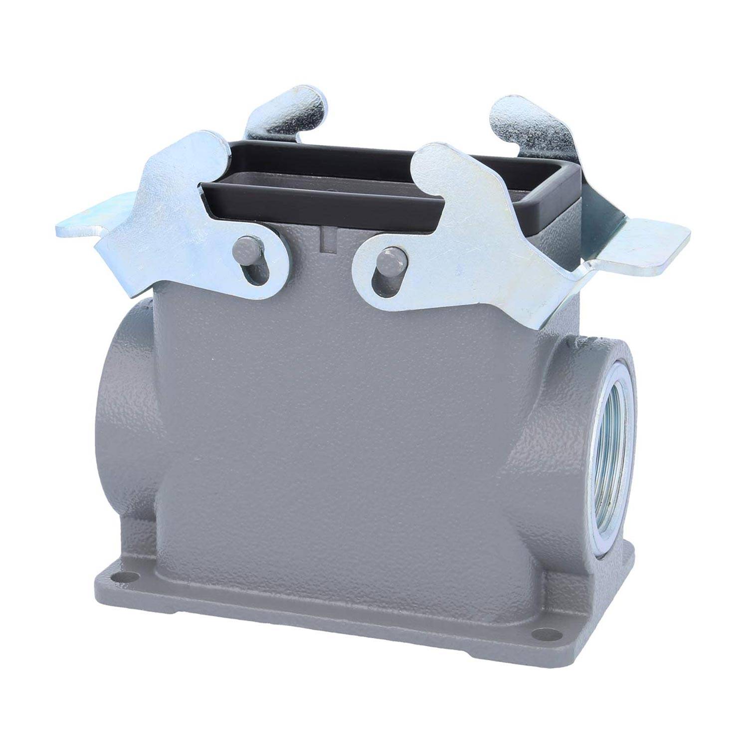 Ein grau-industrielles Anschlussgehäuse mit metallischen Verriegelungen und verschraubten Eintrittspunkten, verwendet zur Befestigung elektrischer Komponenten.