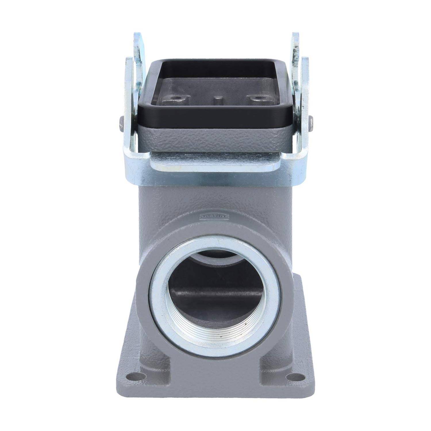 Eine rechteckige Metallarmaturen mit einer großen kreisförmigen Öffnung unten und einem oben angebrachten Halterungsträger, die in industriellen Belüftungssystemen verwendet wird.