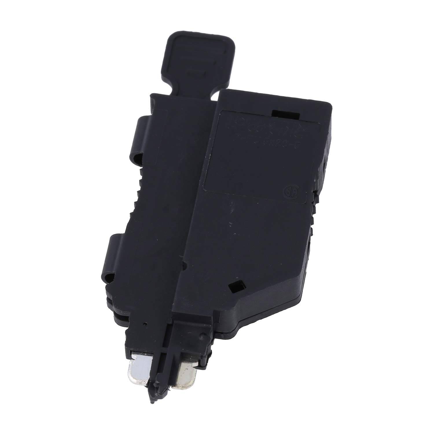 Eine schwarze Kunststoff-Elektrokomponente mit Metallkontakten, höchstwahrscheinlich ein Schalter oder ein Leistungsschalter, aus einem Seitenwinkel betrachtet.