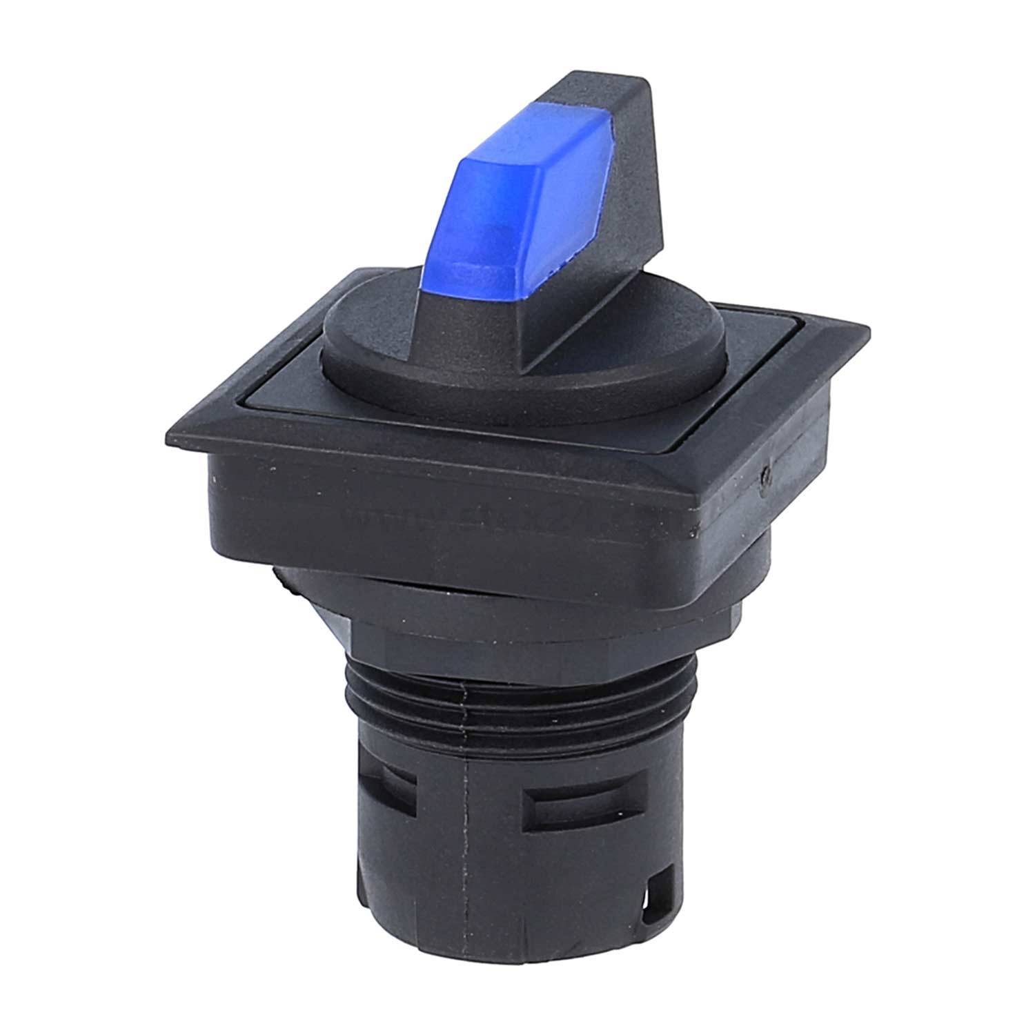 Ein blau-schwarzer quadratischer Kippschalter mit Drehgriff, zur Montage auf Schalttafeln, zum Steuern elektronischer Geräte.