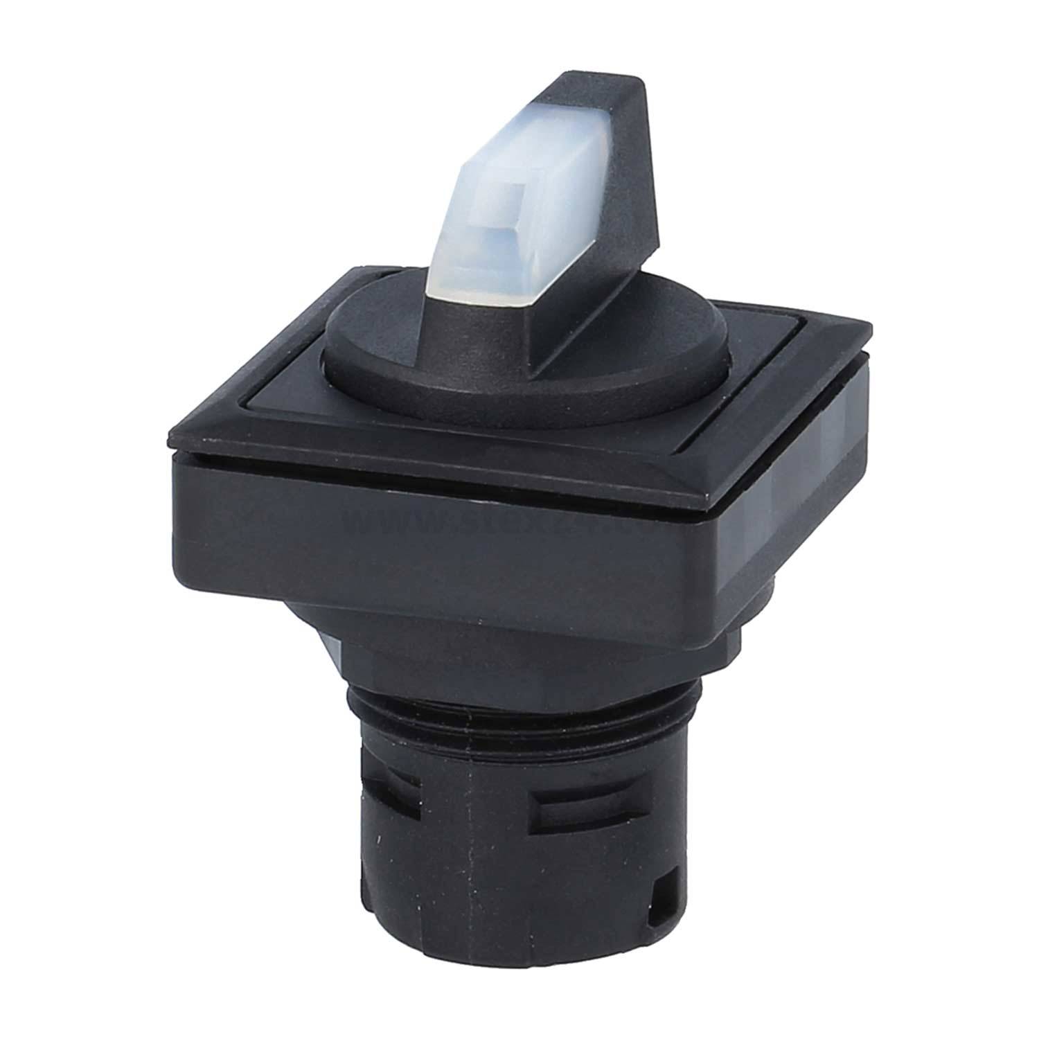 Ein schwarzer Plastikkippschalter mit einem weißen Indikatorlicht oben, der für die Montage auf einer Platte konzipiert ist.