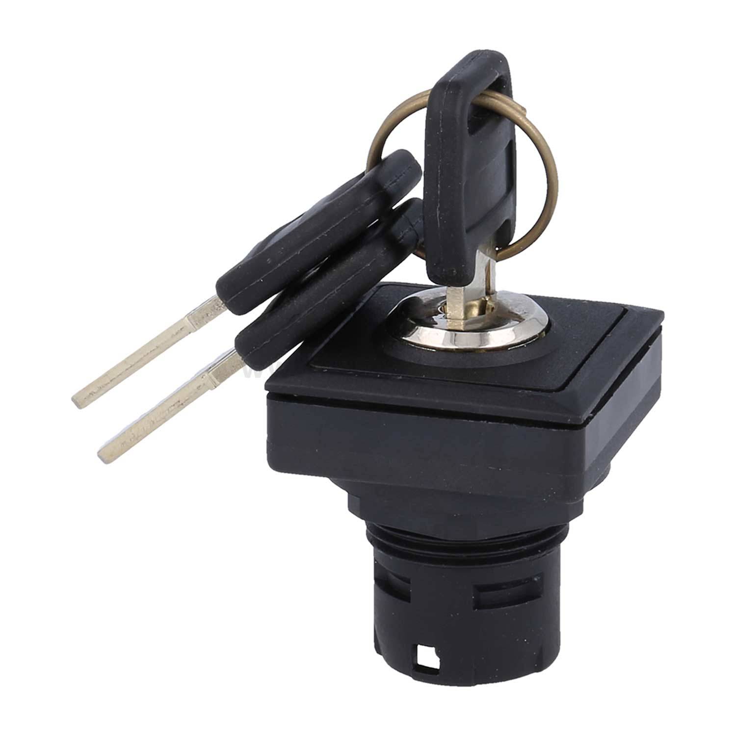 Ein schwarzer Schlüsselschalter mit zwei Metallschlüsseln, der zum sicheren Betrieb von Maschinen oder Ausrüstung verwendet wird.