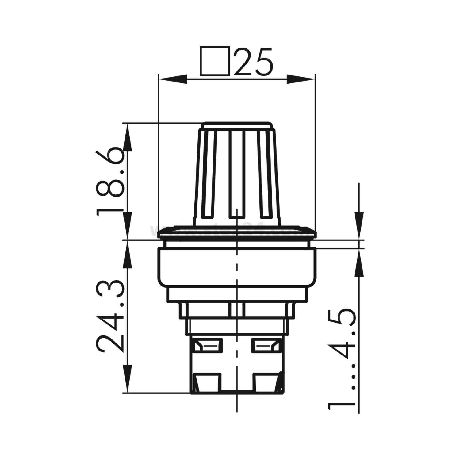 Technische Zeichnung eines runden Knopfes mit Maßen: 25 mm Breite, 18,6 mm und 24,3 mm Höhe und einer 4,5 mm starken Basis.