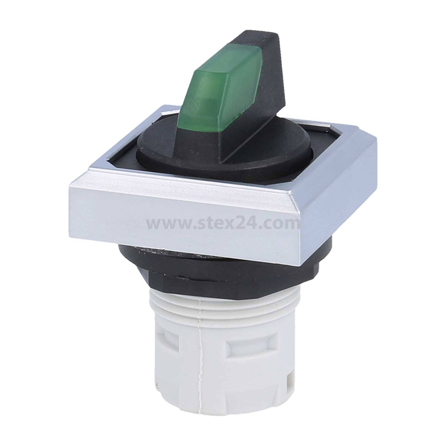 Ein grüner Druckschalter mit schwarzer Basis und silbernem Rand, prominent vor einem einfarbigen Hintergrund platziert.