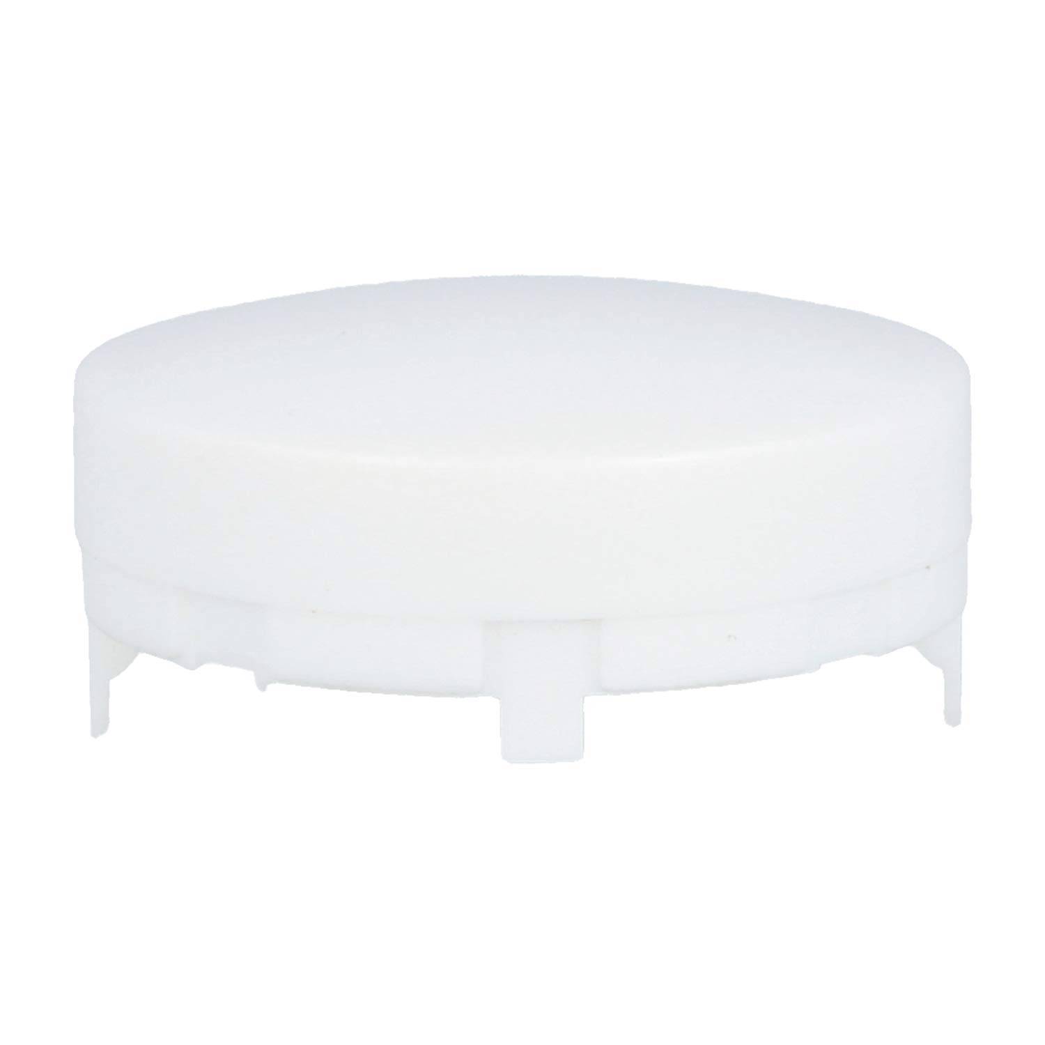 Ein rundes, weißes Plastikdeckel mit vier kleinen vorstehenden Laschen an der Basis, wahrscheinlich zum Versiegeln von Behältern verwendet.