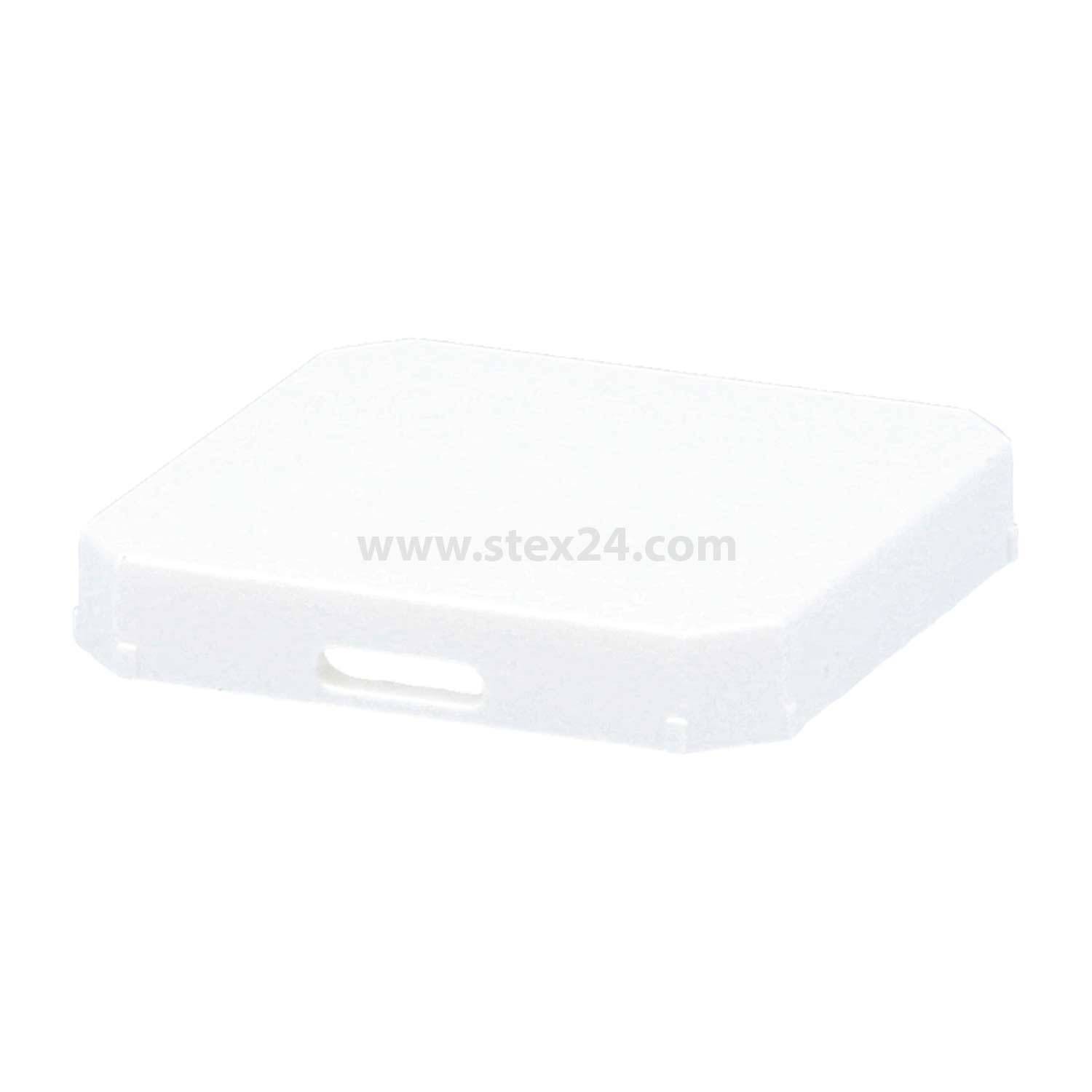 Ein weißer, rechteckiger Kunststoffdeckel mit abgerundeten Kanten und einer kleinen Grifföffnung vorne.