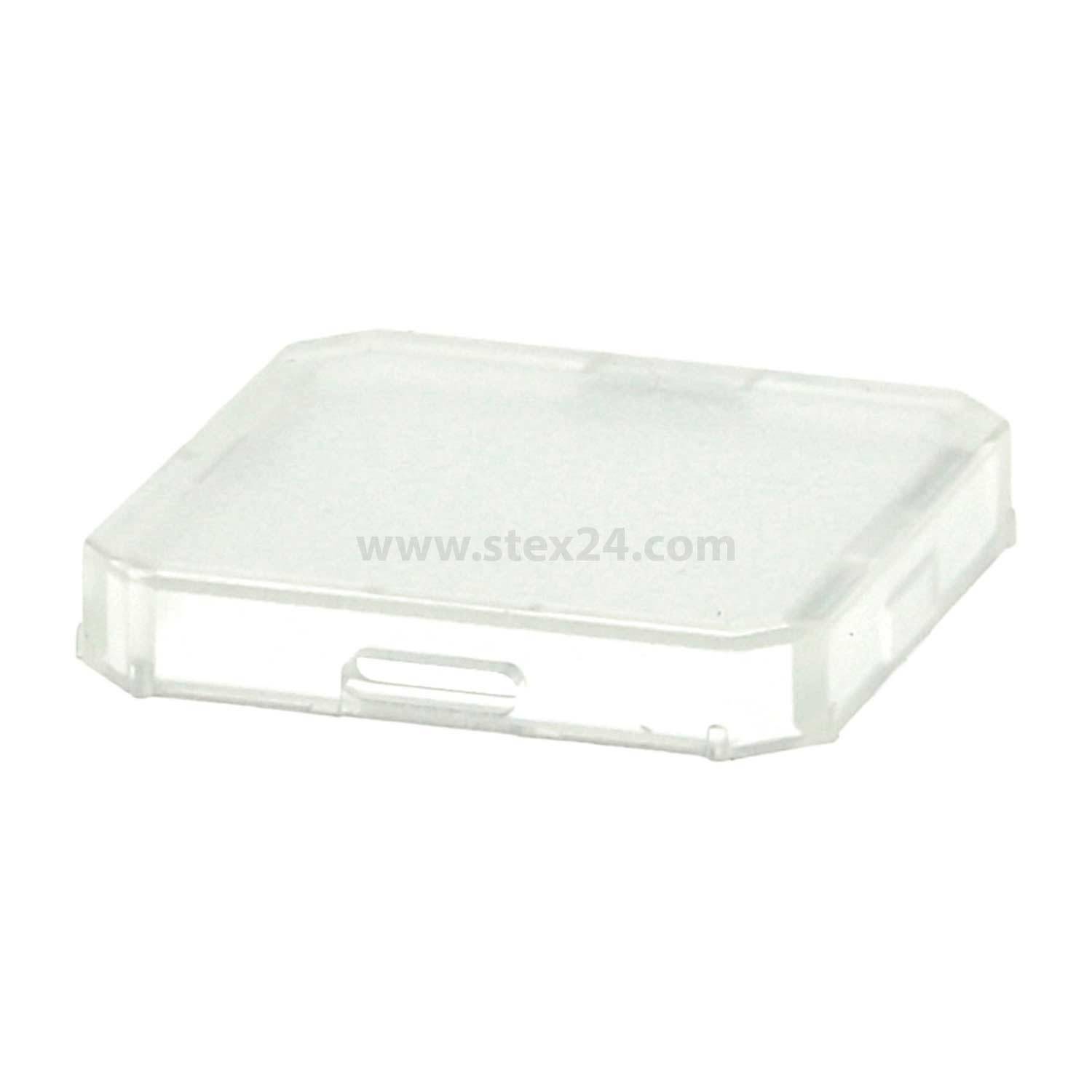 Durchsichtiger Plastikbehälter mit quadratischer Form und einem gesicherten Deckel, aus einer leicht schrägen Perspektive betrachtet. Er erscheint leer zu sein.