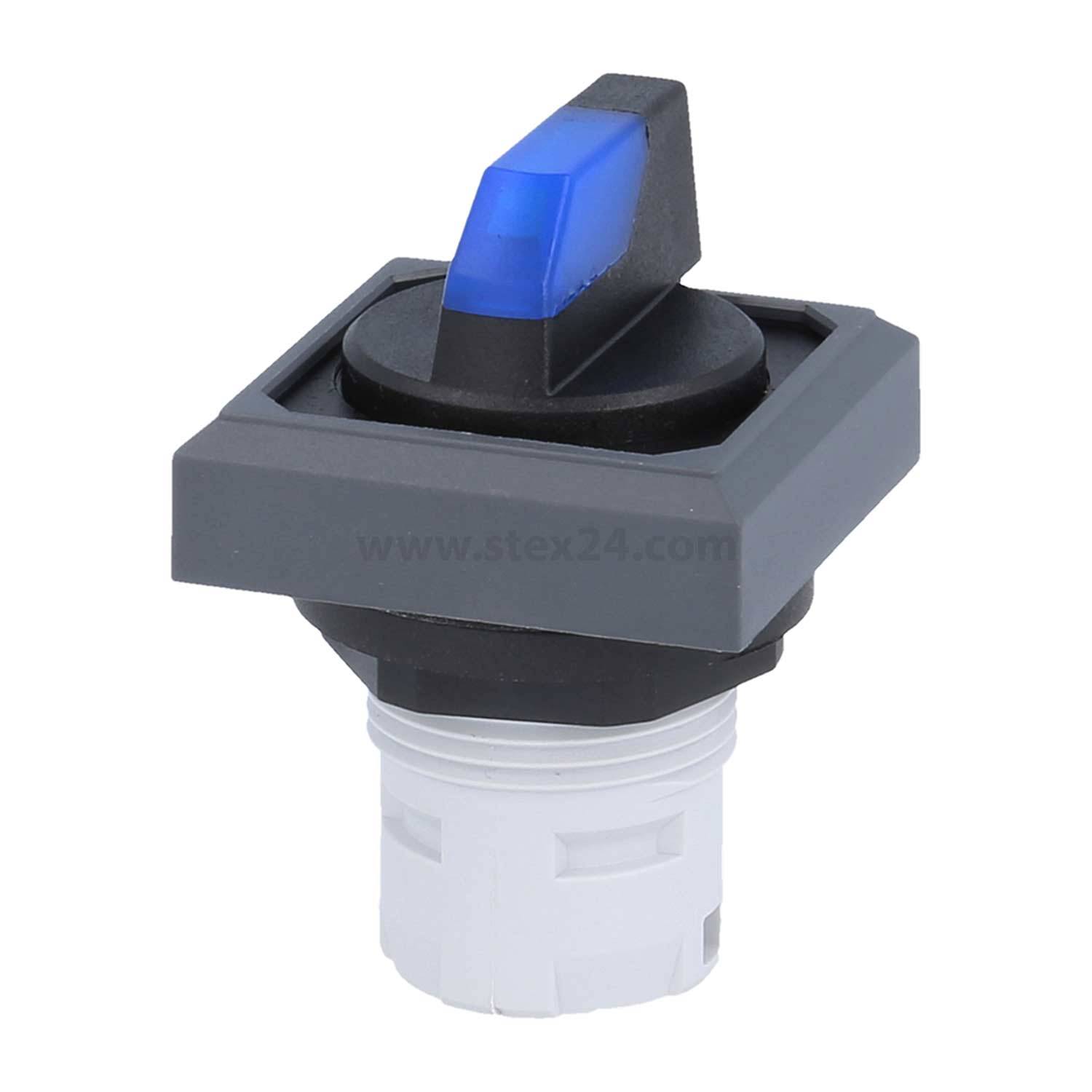 Eine Nahaufnahme eines Kippschalters mit blauer Spitze, quadratischer Basis und zylindrischem Körper, der üblicherweise in elektrischen oder elektronischen Geräten verwendet wird.