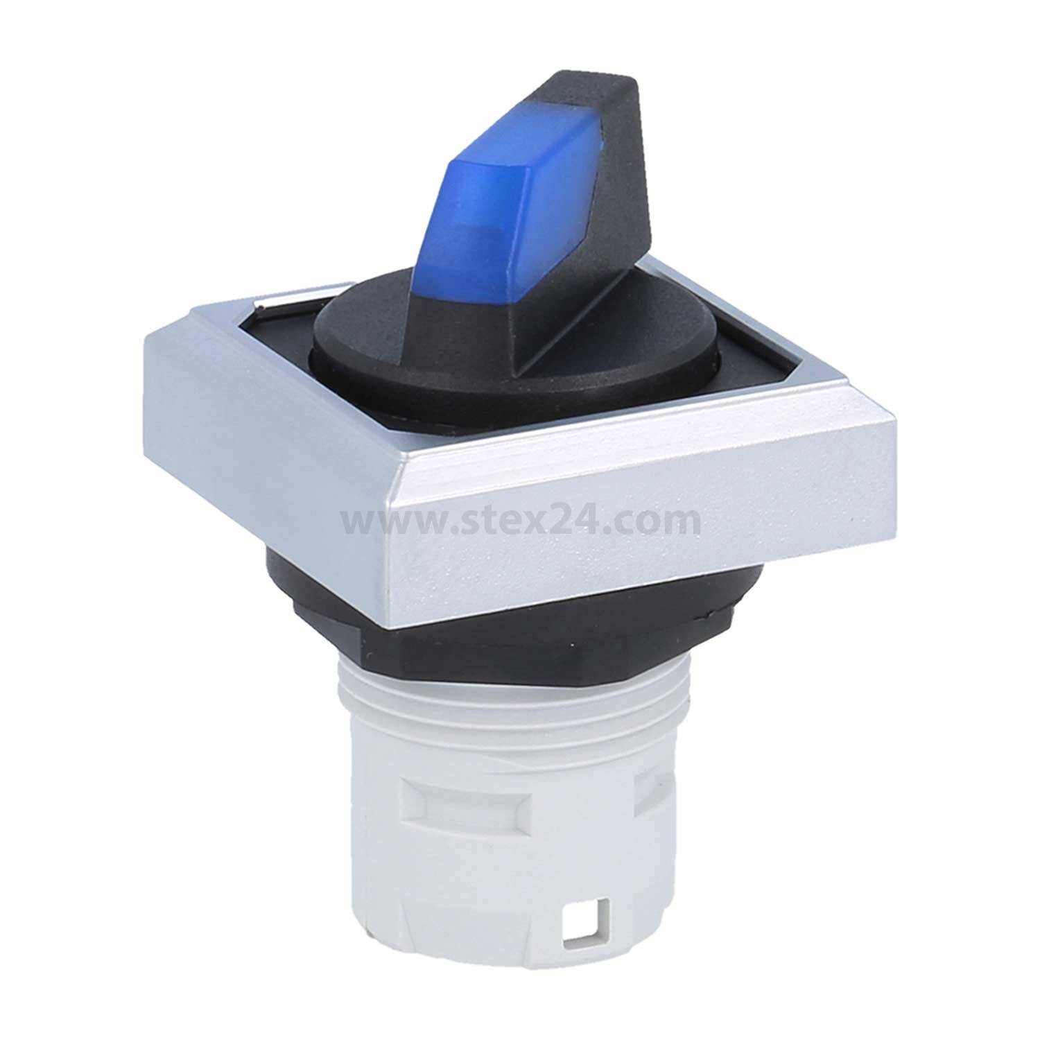 Ein Bild eines blauen, dreieckigen Schalterhebels, der in einen quadratischen metallischen Rahmen montiert ist und häufig in industriellen oder elektronischen Geräten verwendet wird.