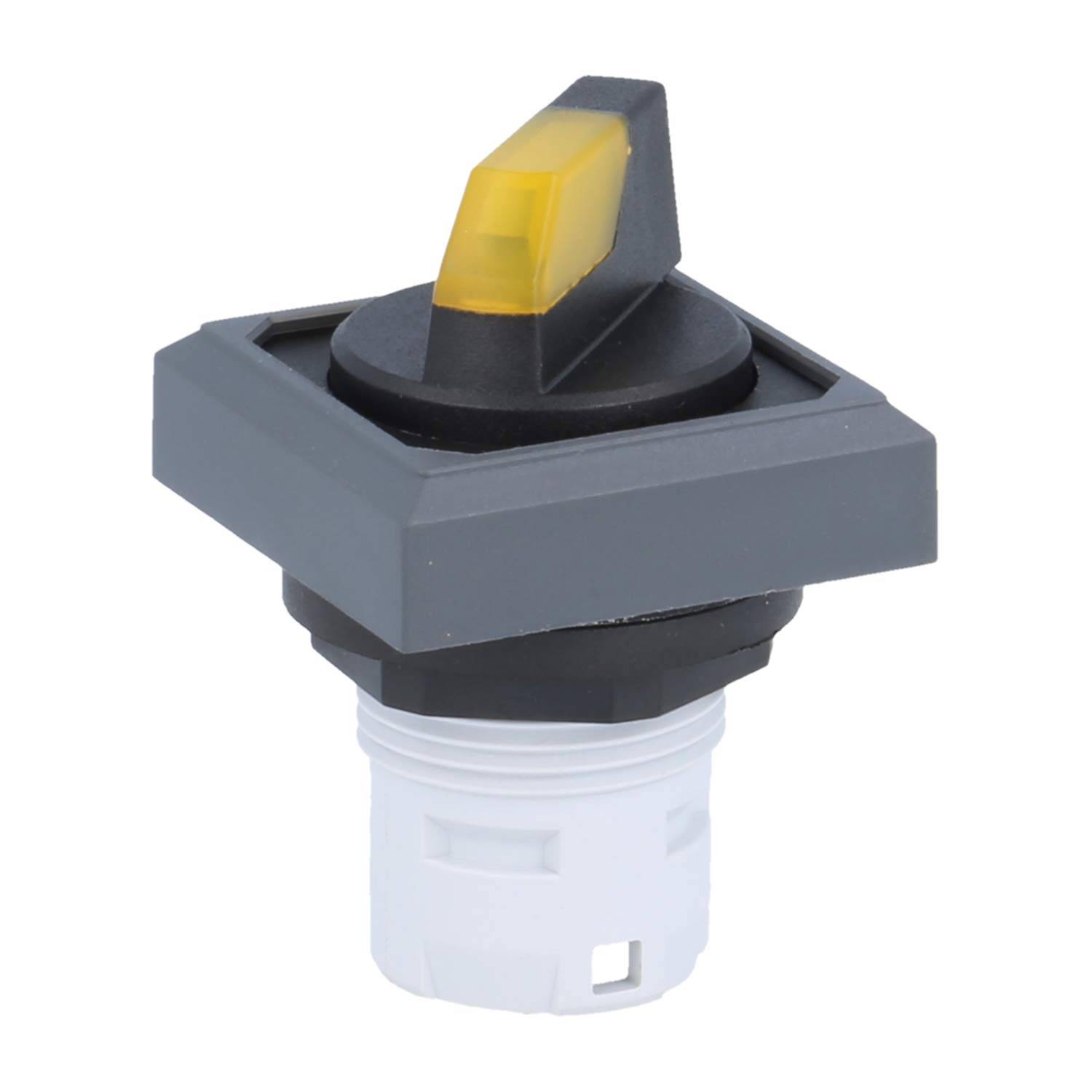 Ein grau-schwarzer Kippschalter mit einer gelben Anzeigelampe, montiert auf einer weißen Grundplatte, konzipiert für elektronische Kontrollpanels.