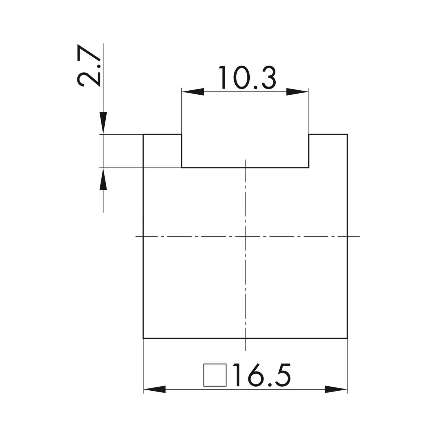 Eine technische Zeichnung, die ein rechteckiges Objekt mit einer Kerbe oben zeigt. Die Breite ist mit '16,5' beschriftet und die Kerbe mit '10,3'; Tiefe '2,7'.